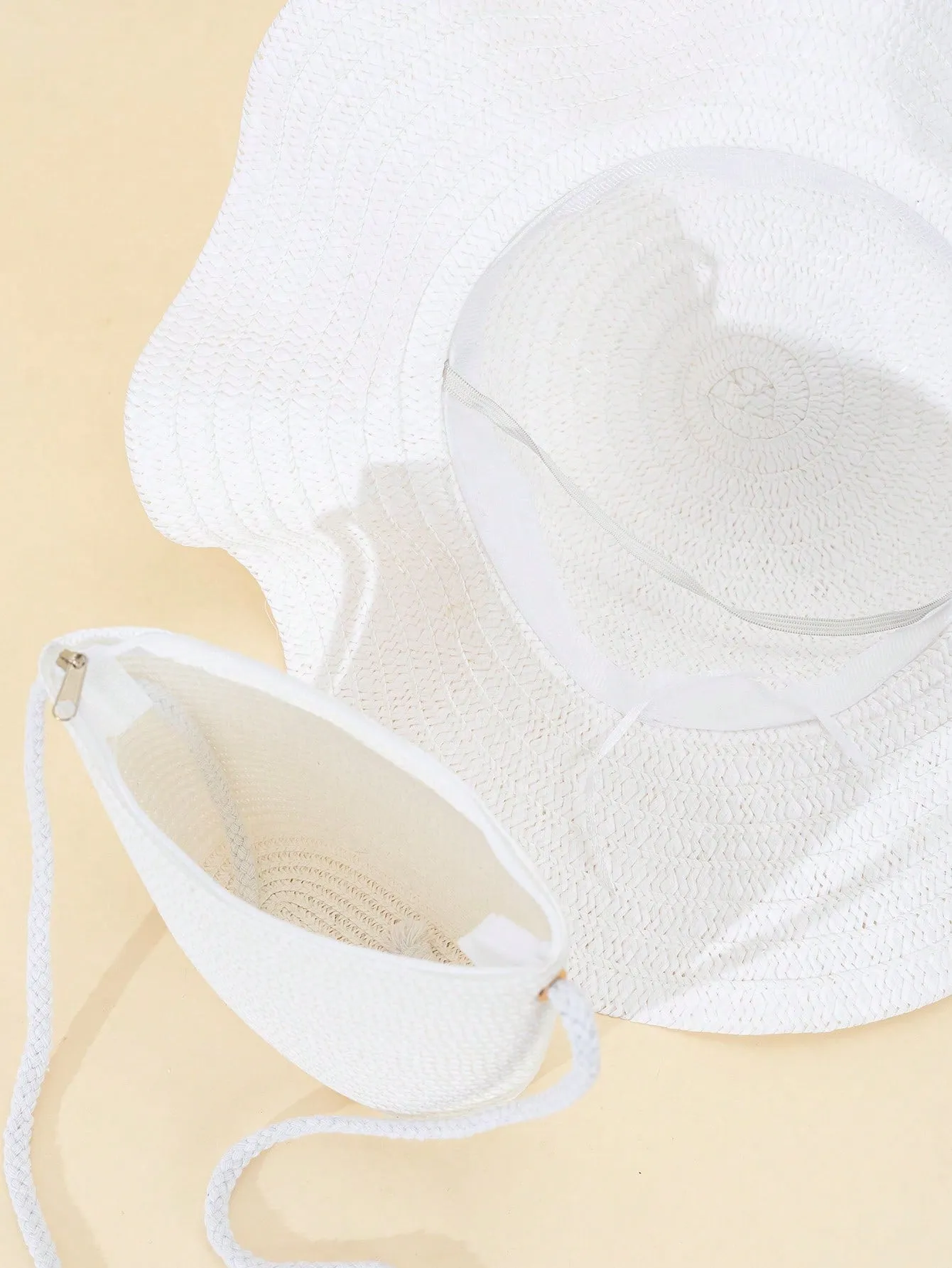 2pcs/Set Women's Fashionable White Beach Woven Crossbody Bag And Sun Hat Combo, Perfect For Vacation And Leisure Activities