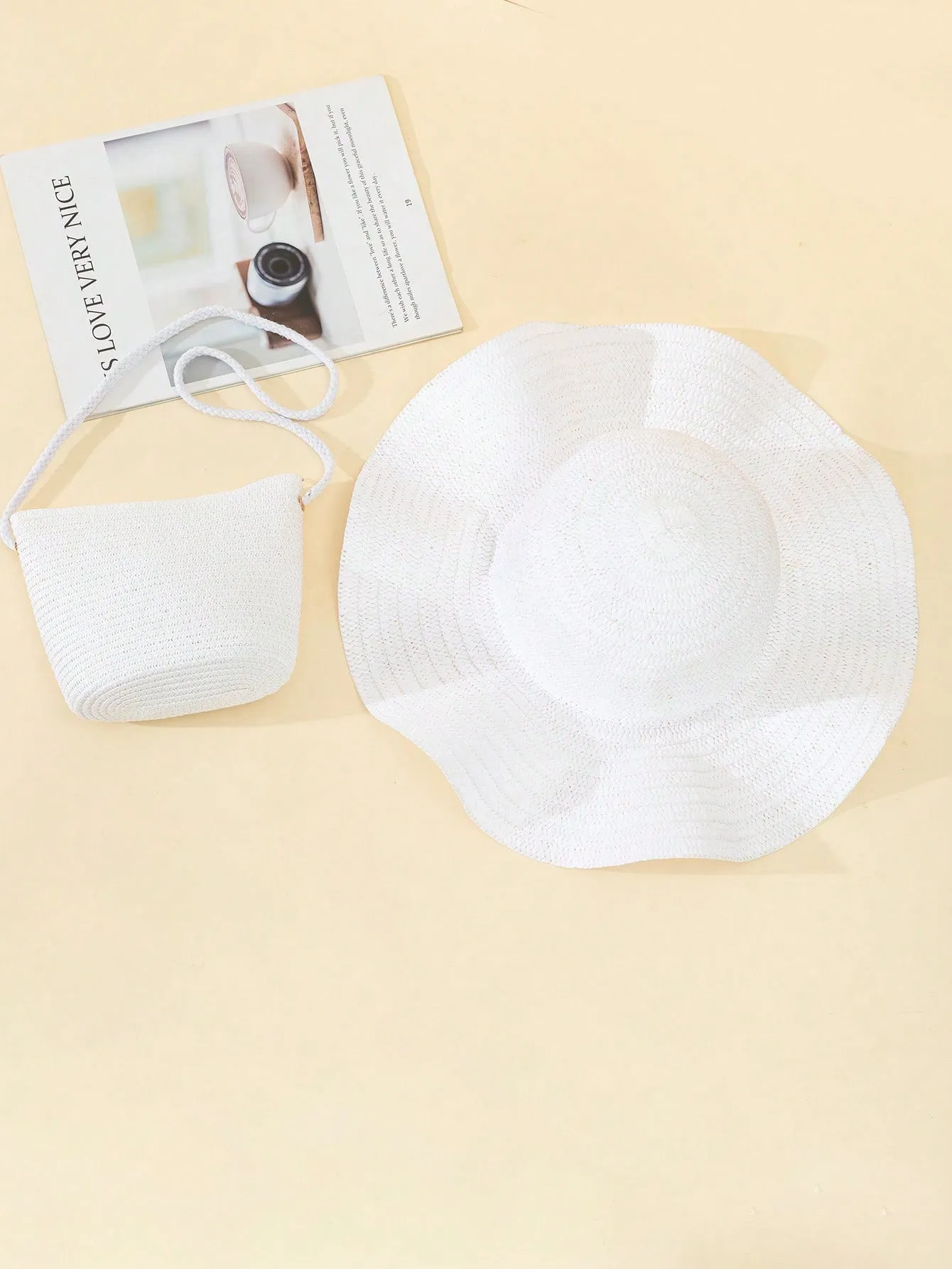 2pcs/Set Women's Fashionable White Beach Woven Crossbody Bag And Sun Hat Combo, Perfect For Vacation And Leisure Activities