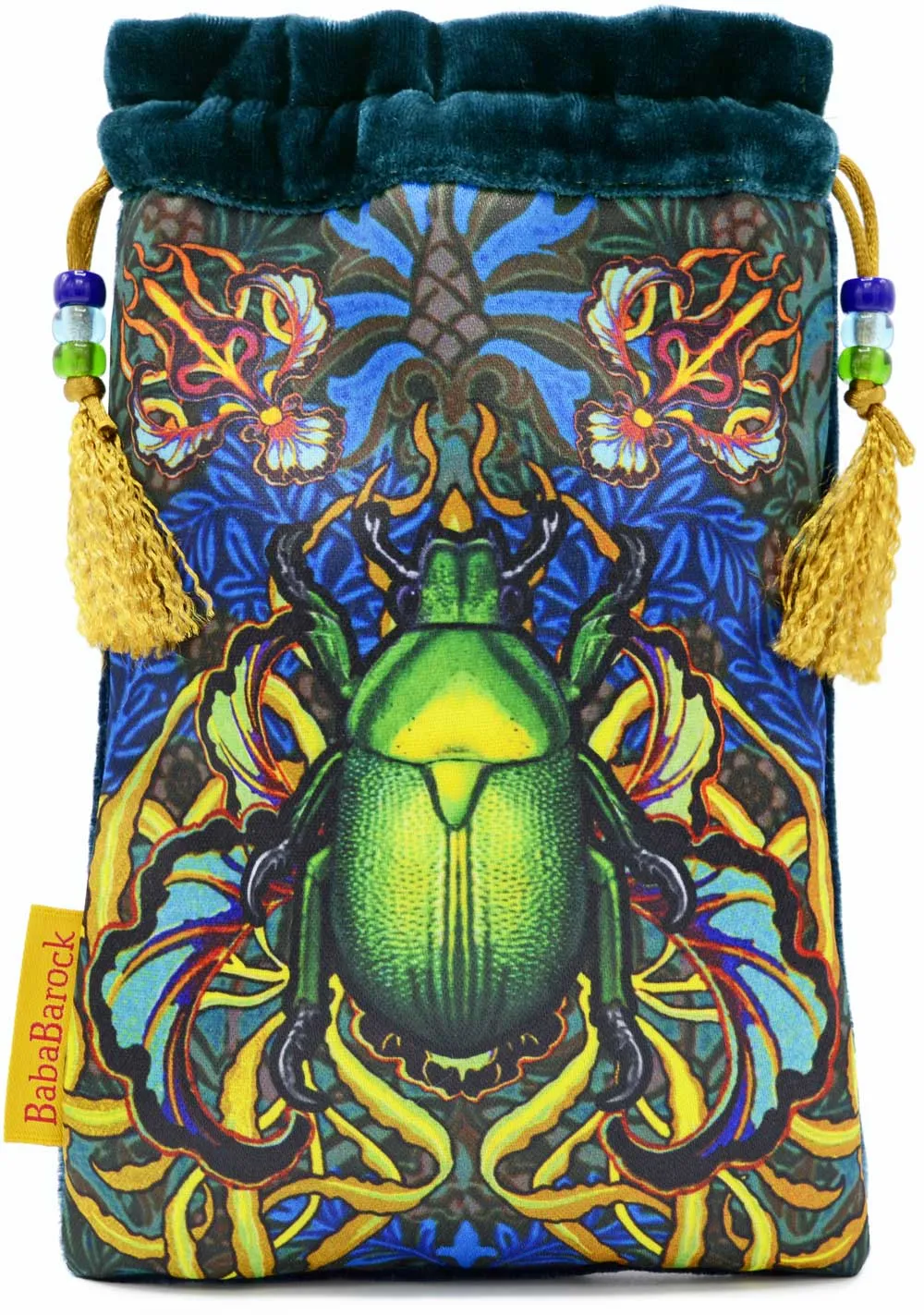 Beetle Belle, limited edition tarot bag in dark teal silk velvet