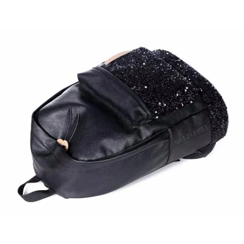 Black Bling Girls School Backpack with Large Capacity Embroidered sparkle Glitter Sequins