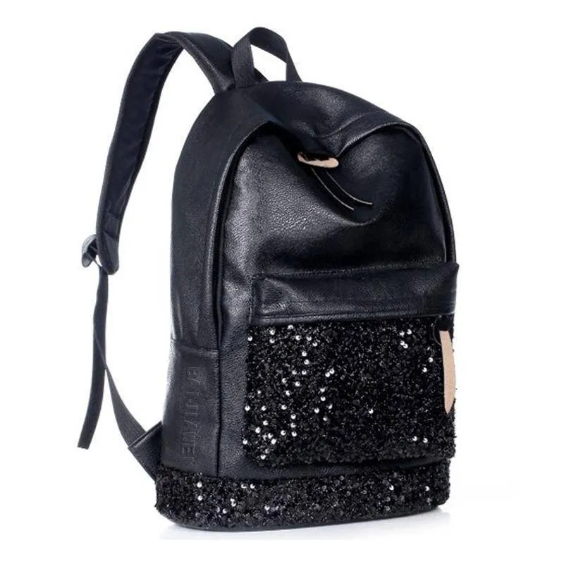 Black Bling Girls School Backpack with Large Capacity Embroidered sparkle Glitter Sequins