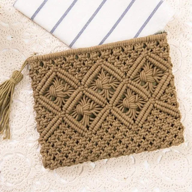 Bohemian Woven Tassel Hollow Out Beach Bag Women Crochet Fringed Straw Clutch Handmade Day Clutches Knitting Weave Boho Summer