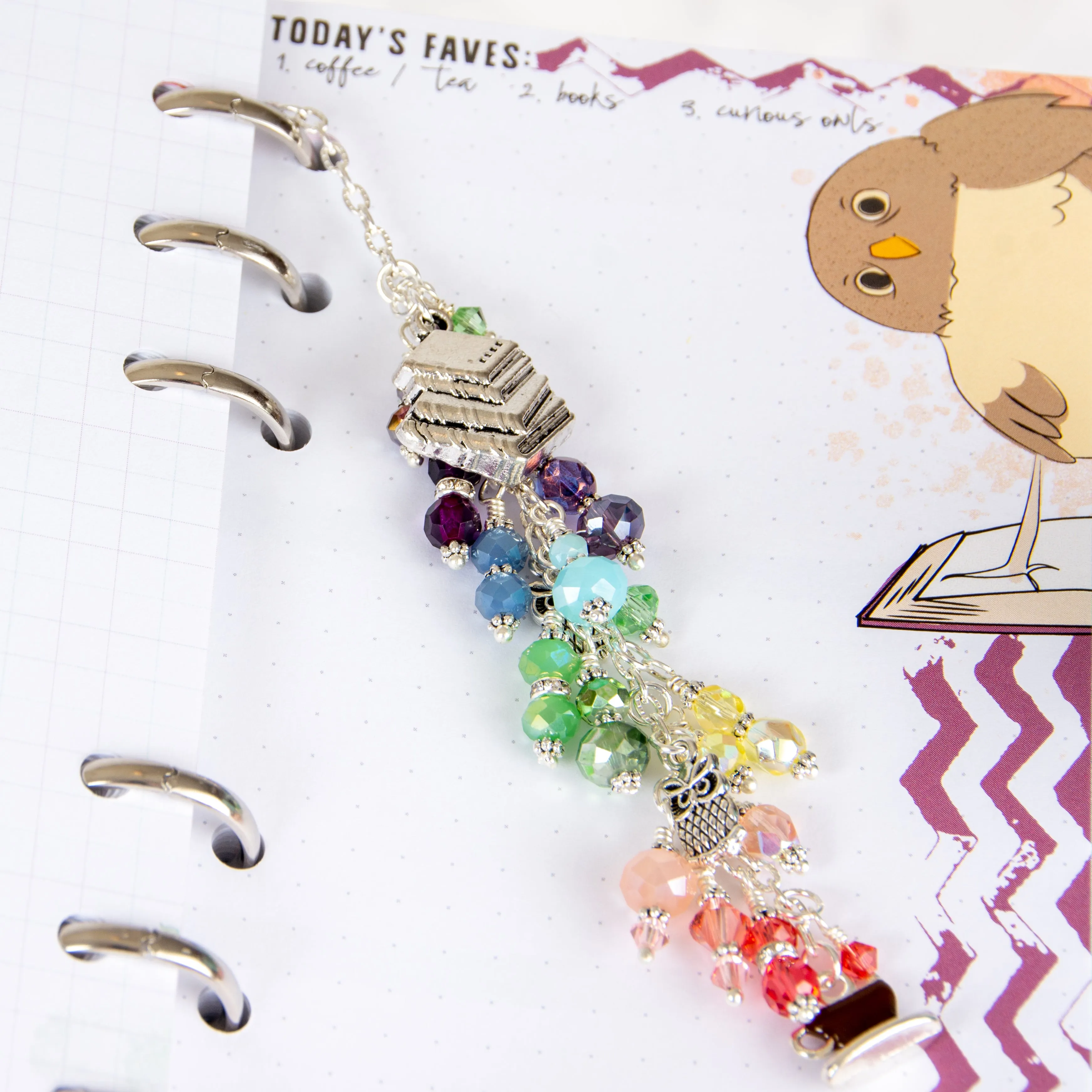 Book Club Planner Charm with Book, Coffee Cup and Owl Charms