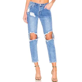 Boyfriend Style Cut Out Faded Frayed Skinny Jeans - Dark Blue