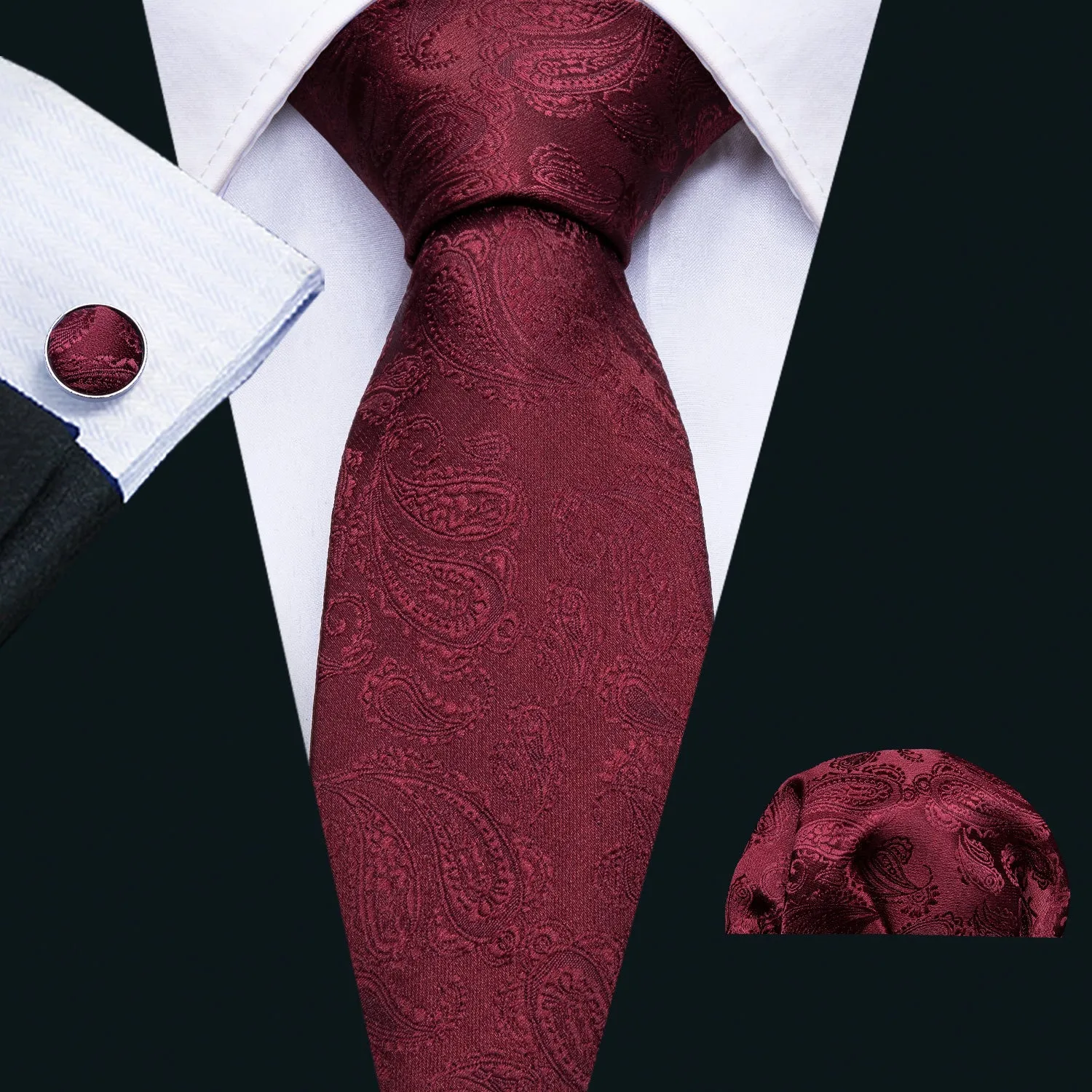 Burgundy Red Paisley Y Back Brace Clip-on Men's Suspender with Tie Set