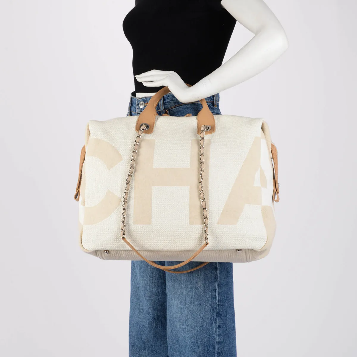 Chanel Beige Canvas Maxi Bowling Tote