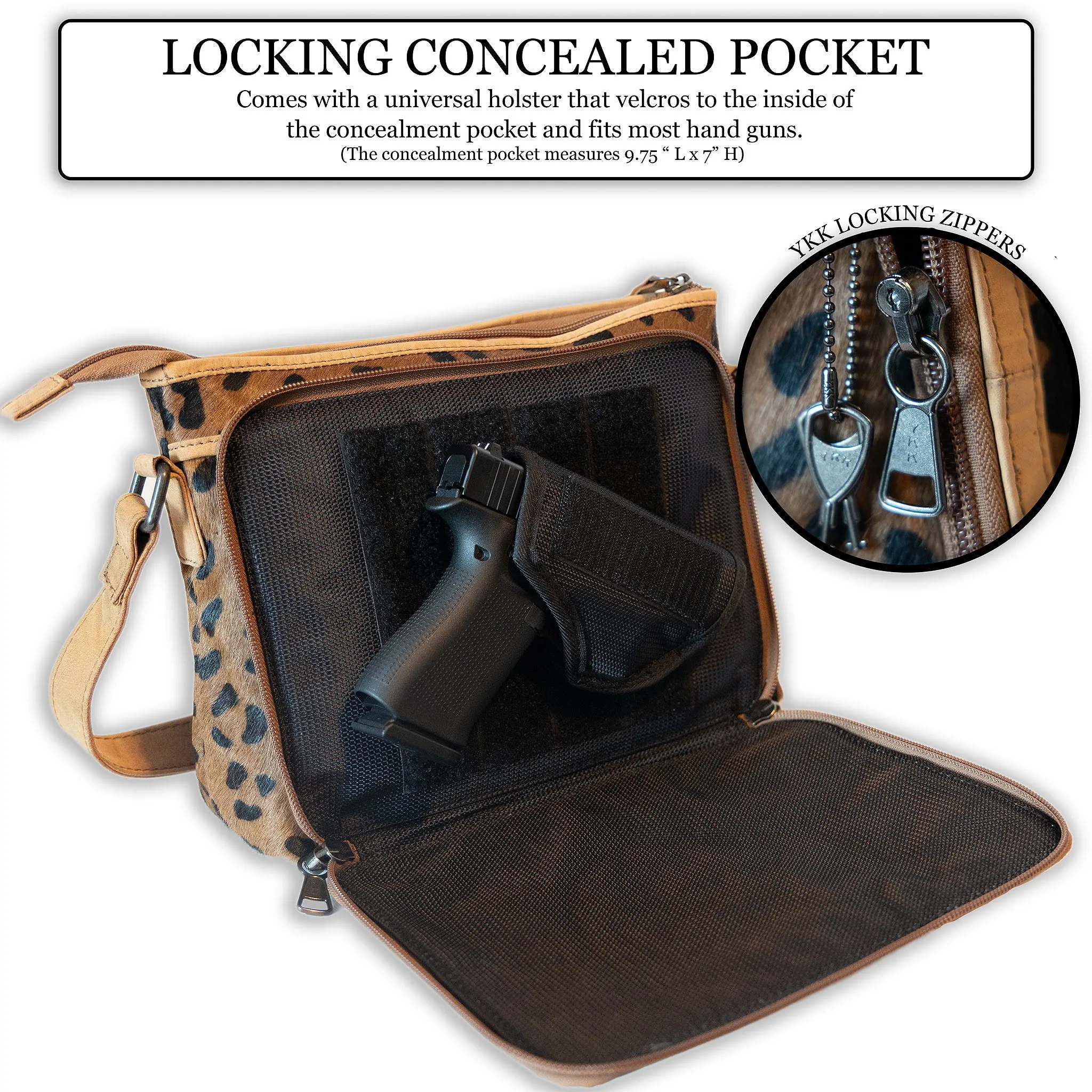 Cheetah Print Hair-On Leather Hide | Concealed Carry Crossbody, Shoulder Bag | Mid-Size Bag | Locking Exterior Concealment Pocket