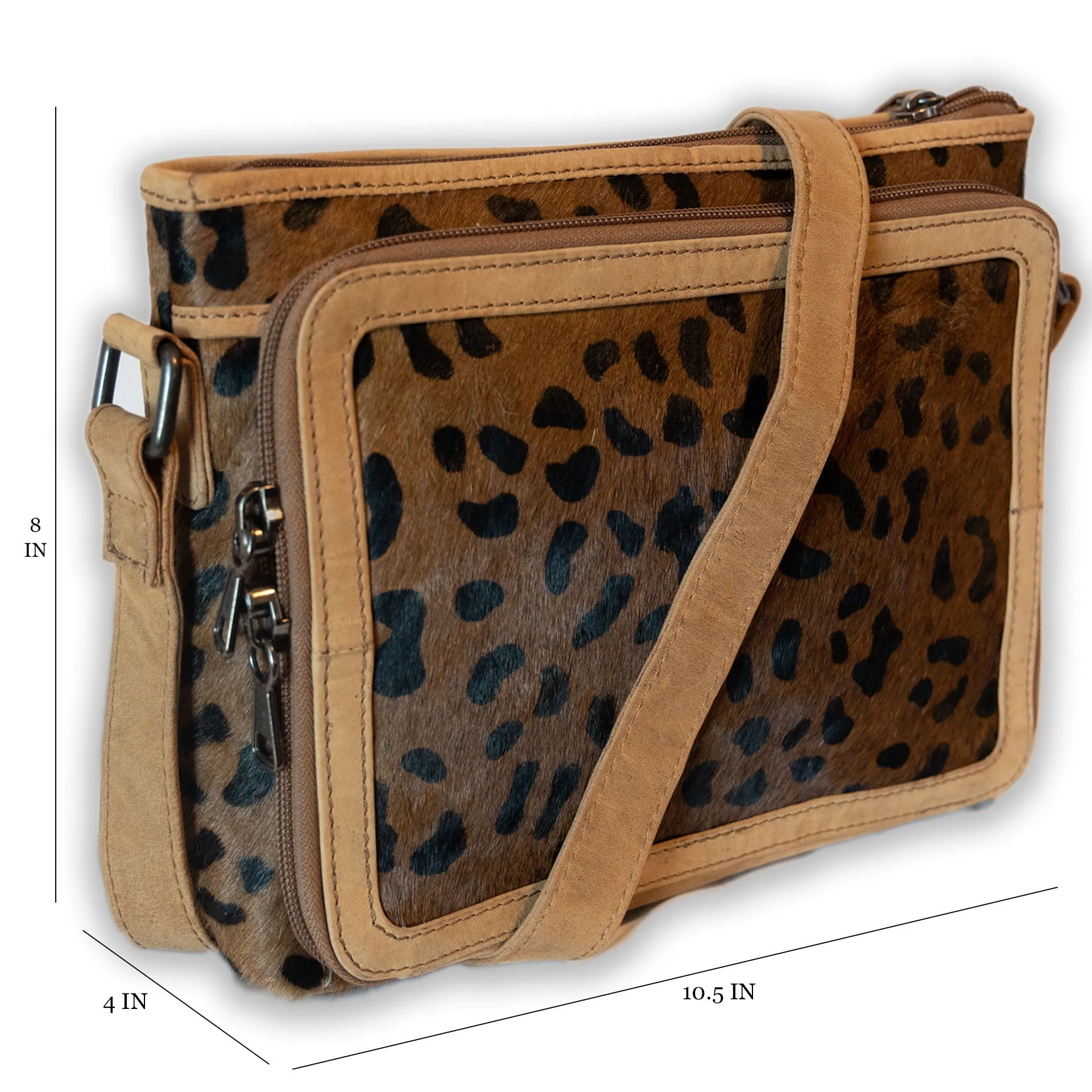 Cheetah Print Hair-On Leather Hide | Concealed Carry Crossbody, Shoulder Bag | Mid-Size Bag | Locking Exterior Concealment Pocket