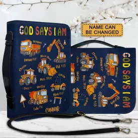 Christianart Bible Cover - GOD Says I Am - Personalized Bible Cover for Kids – Inspiring Faith Through Fun Designs - Construction Vehicle Bible Cover - CABBBCV110824.