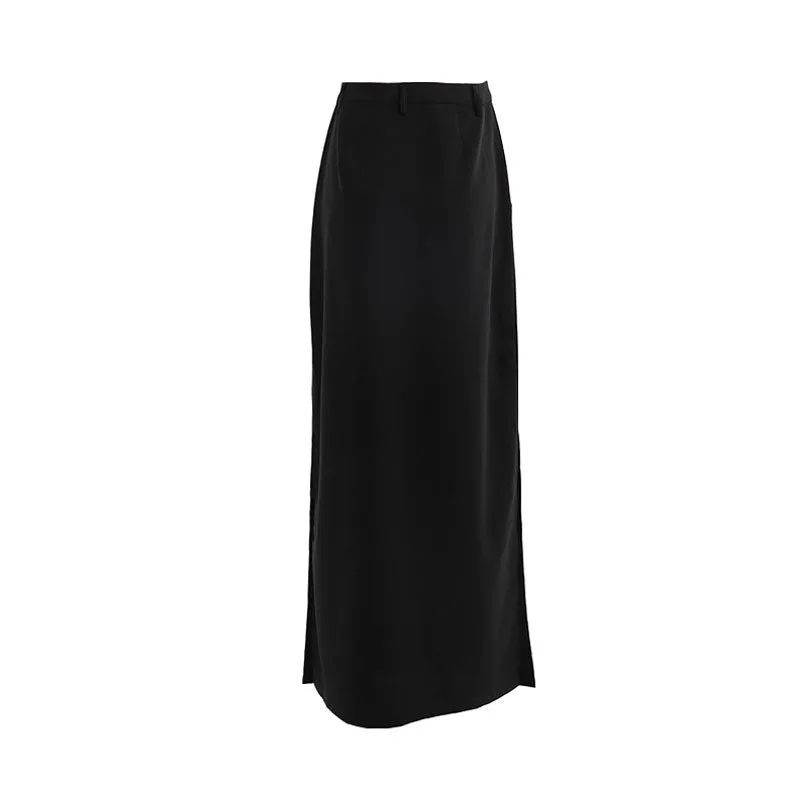 Classic Style High Waist Side Pocket Split Maxi Skirt - Black