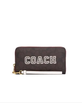 Coach Women's Brown & Chalk Multi Long Zip Around Wallet In Signature Canvas With Varsity Motif