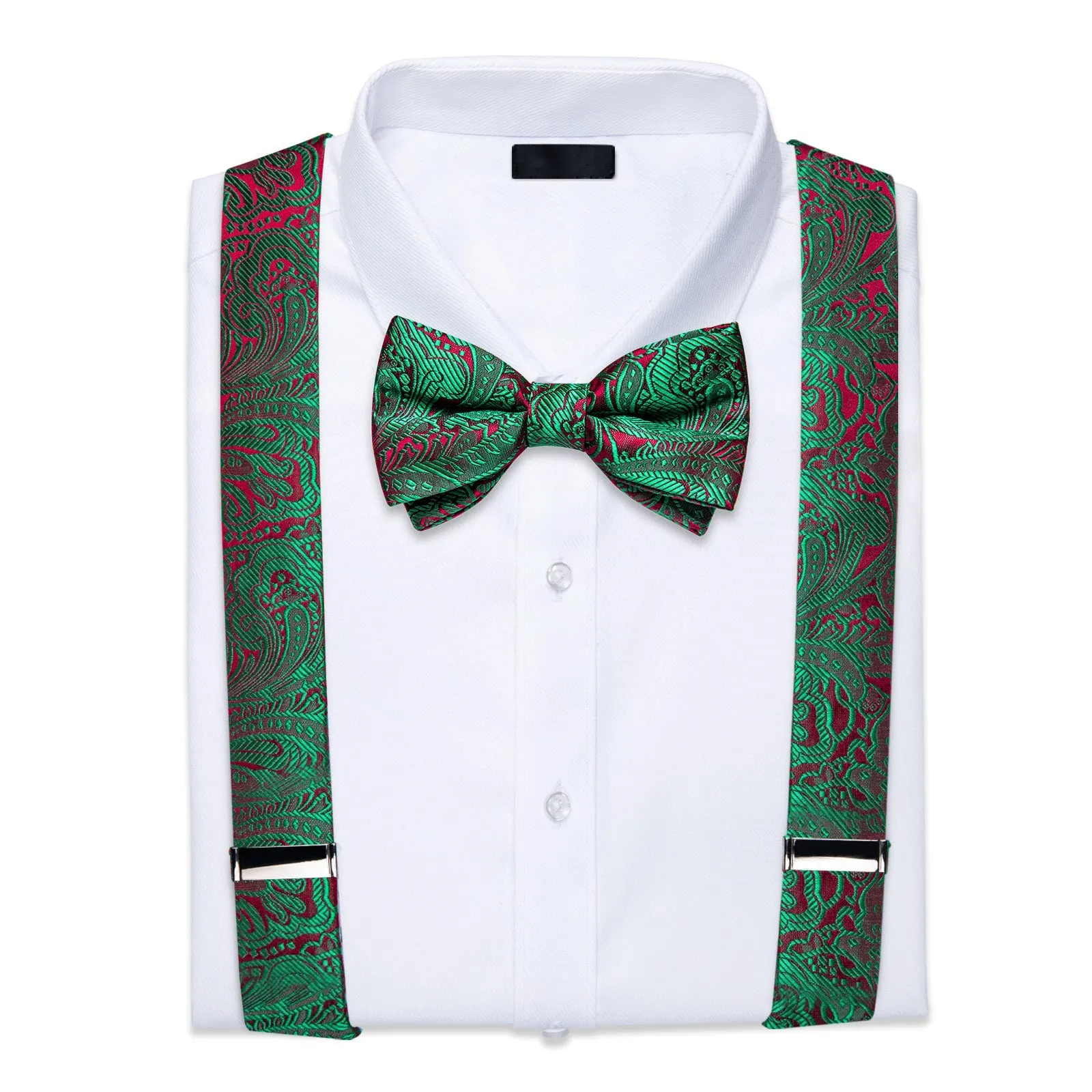 Green Red Floral Y Back Brace Clip-on Men's Suspender with Bow Tie Set