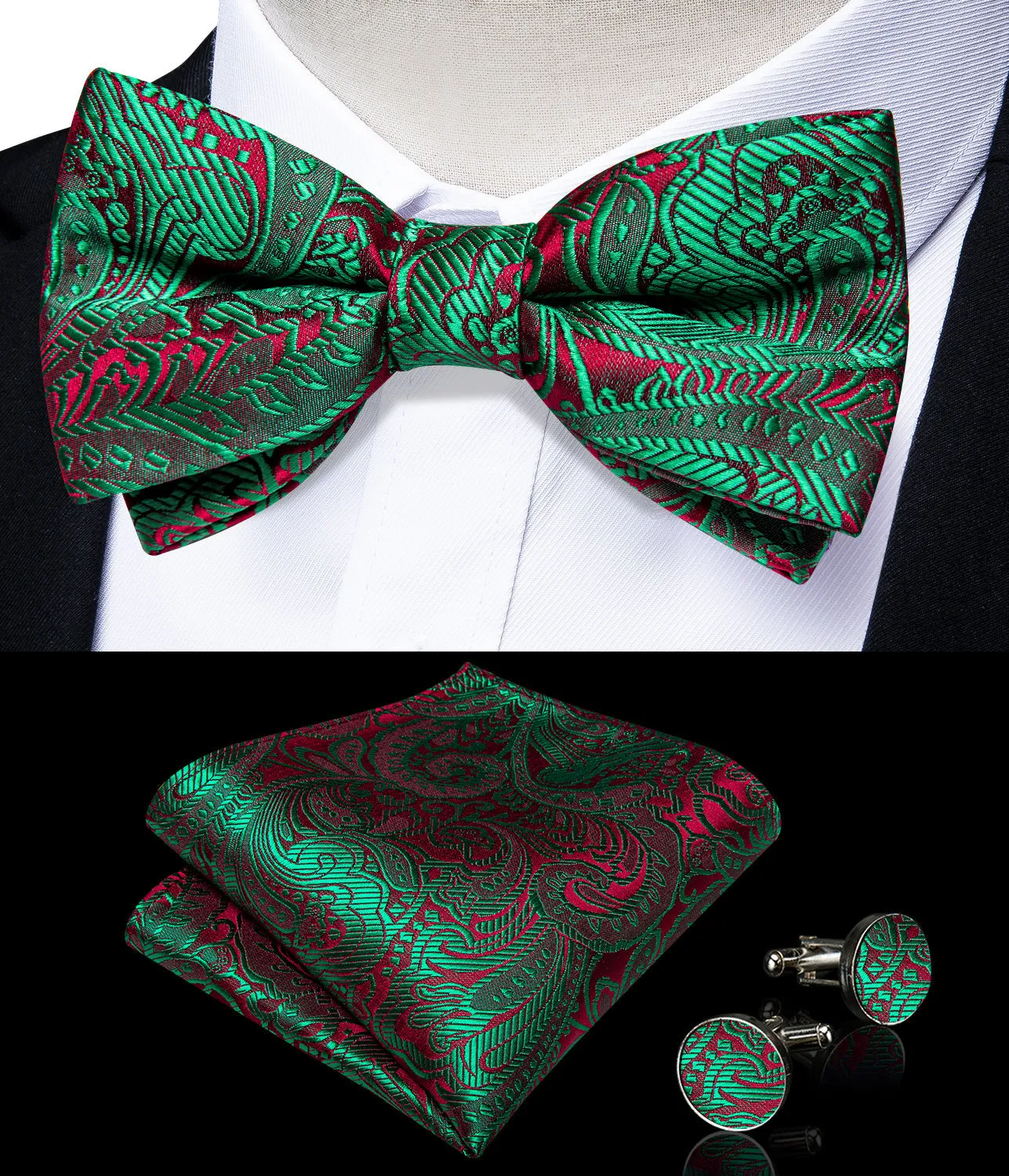 Green Red Floral Y Back Brace Clip-on Men's Suspender with Bow Tie Set