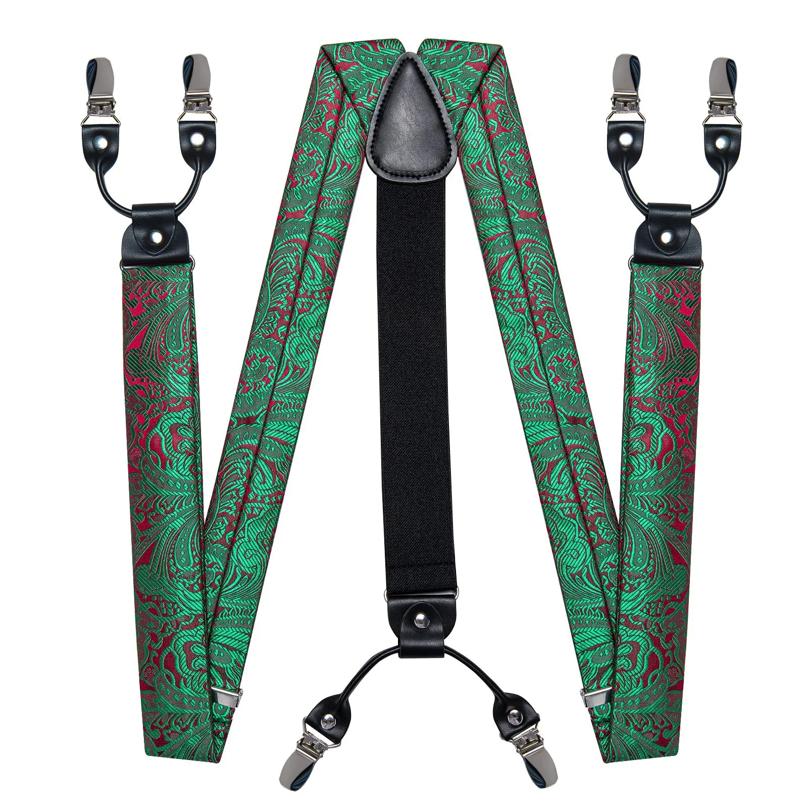 Green Red Floral Y Back Brace Clip-on Men's Suspender with Bow Tie Set