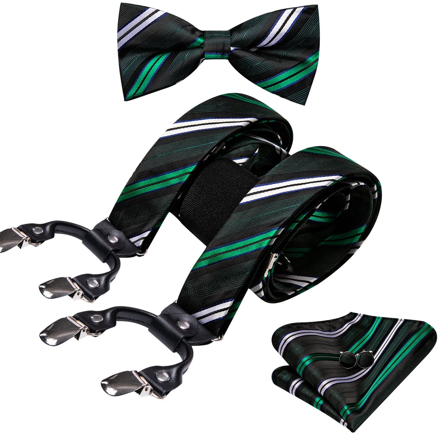 Green White Blue Striped Y Back Brace Clip-on Men's Suspender with Bow Tie Set