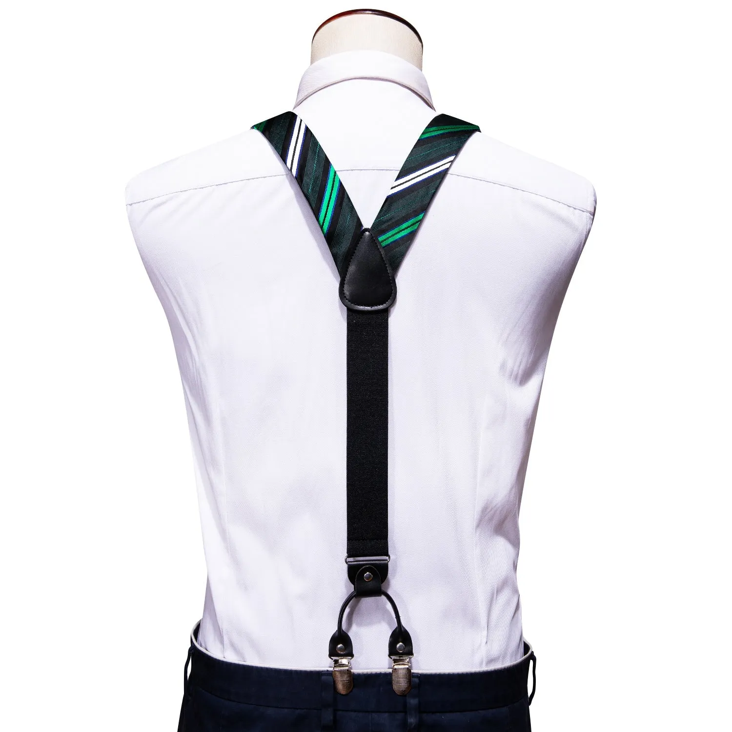 Green White Blue Striped Y Back Brace Clip-on Men's Suspender with Bow Tie Set