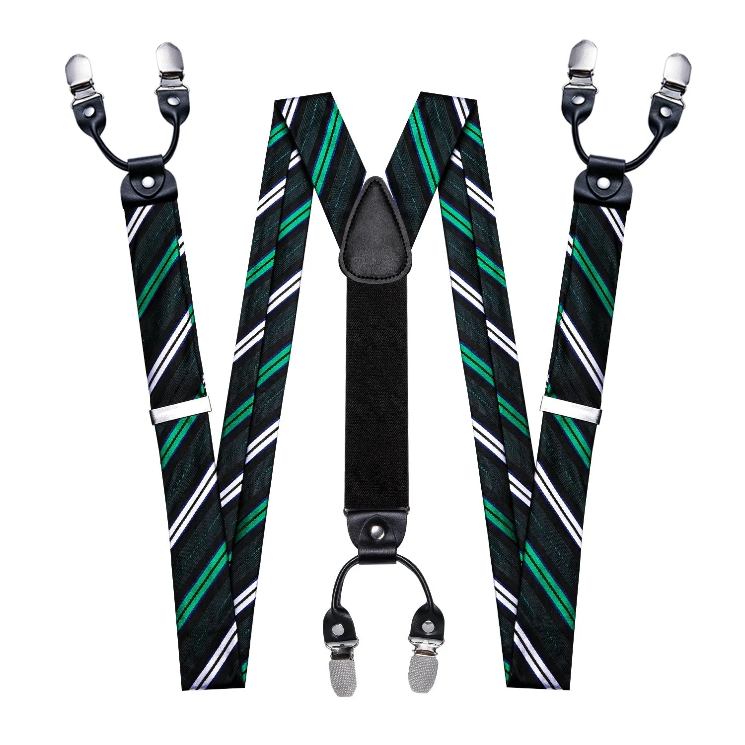 Green White Blue Striped Y Back Brace Clip-on Men's Suspender with Bow Tie Set