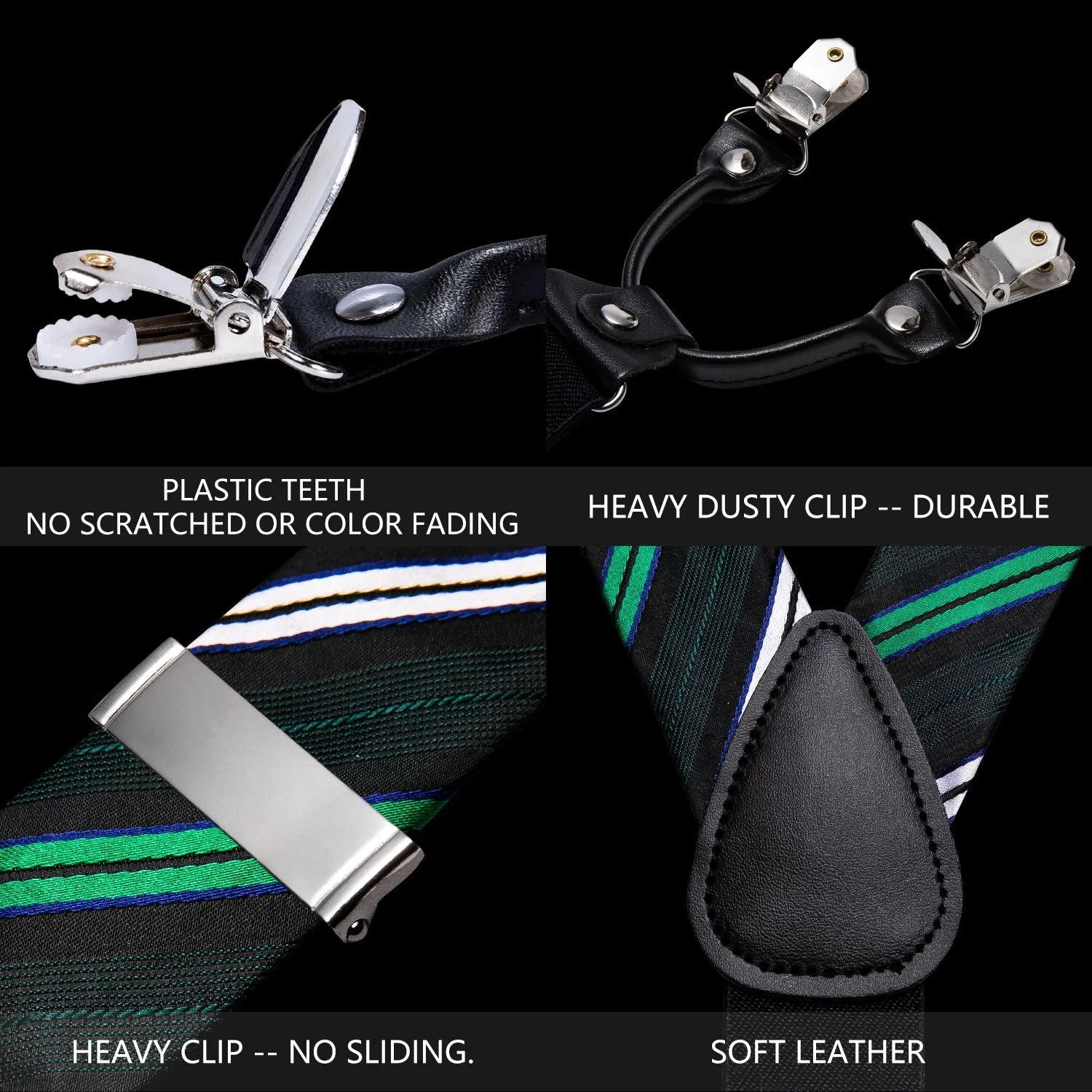 Green White Blue Striped Y Back Brace Clip-on Men's Suspender with Bow Tie Set