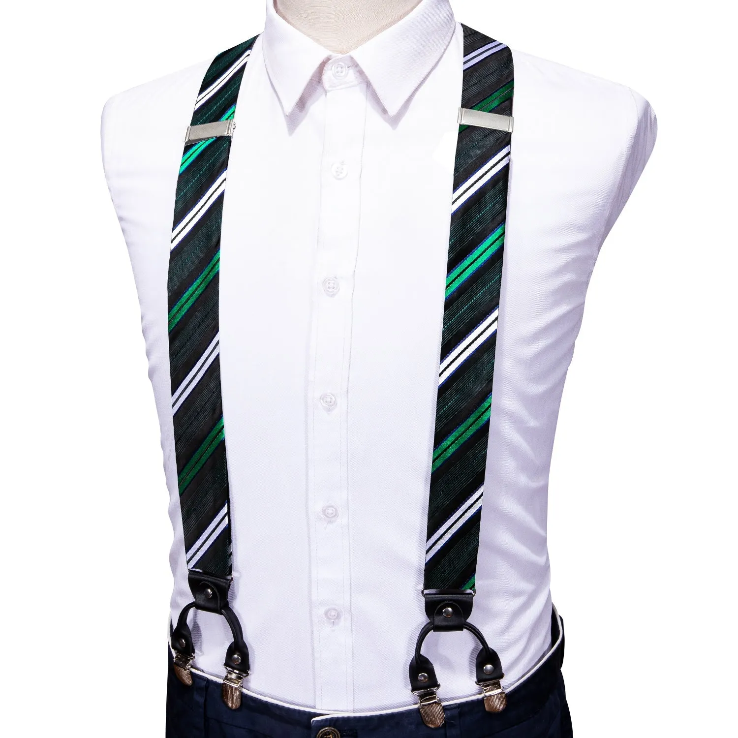 Green White Blue Striped Y Back Brace Clip-on Men's Suspender with Bow Tie Set