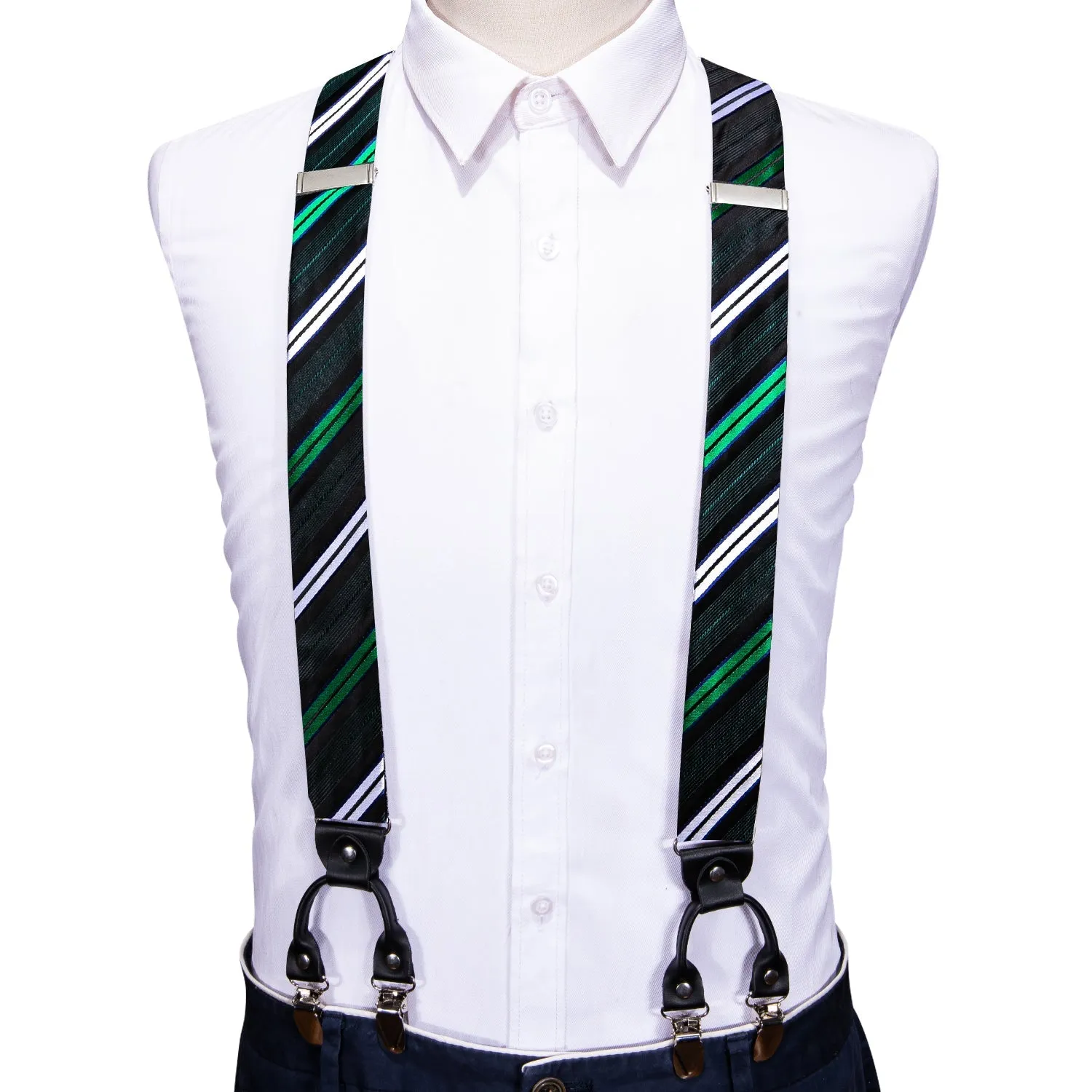 Green White Blue Striped Y Back Brace Clip-on Men's Suspender with Bow Tie Set