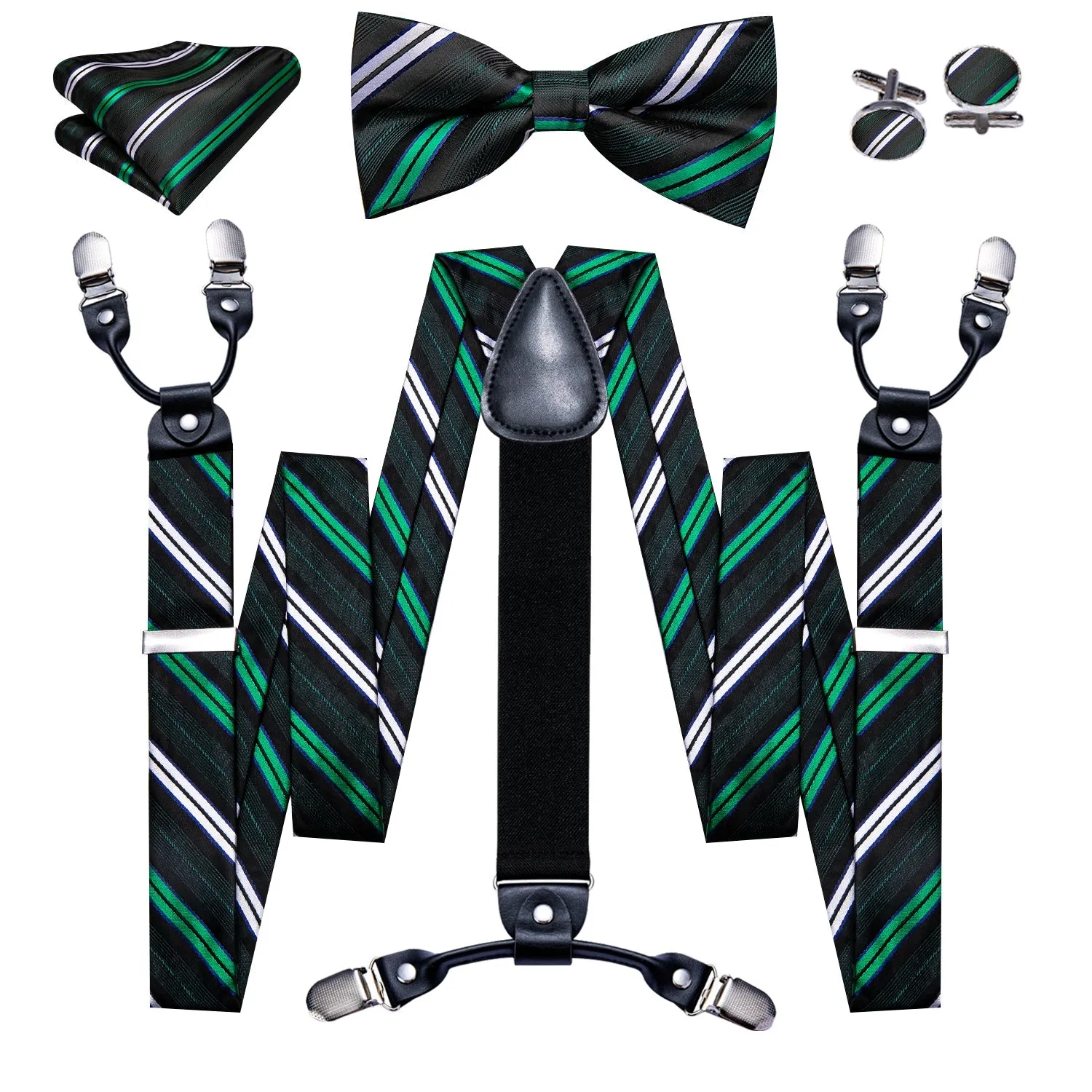 Green White Blue Striped Y Back Brace Clip-on Men's Suspender with Bow Tie Set