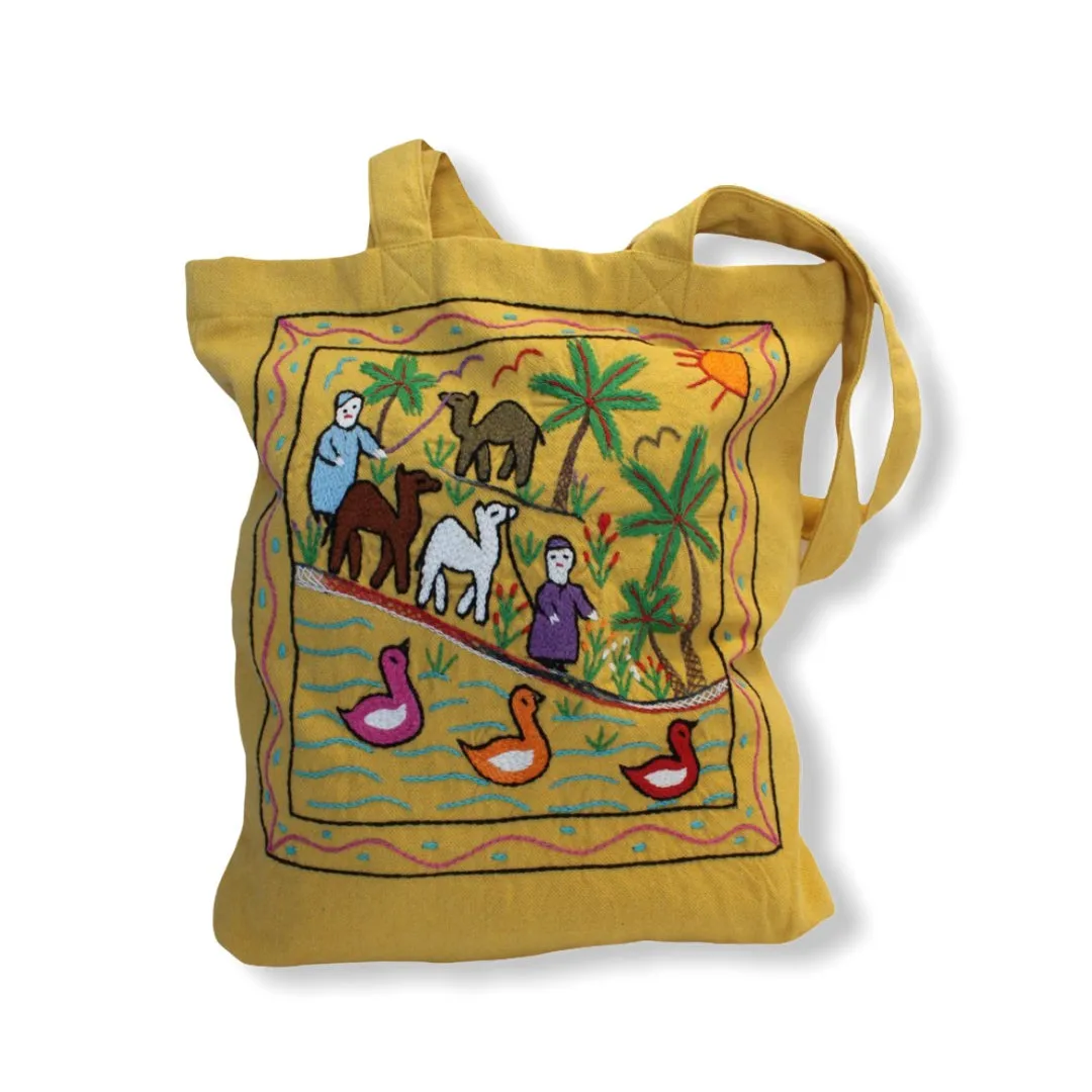 Hand Embroidered Canvas Tote Bag - Yellow