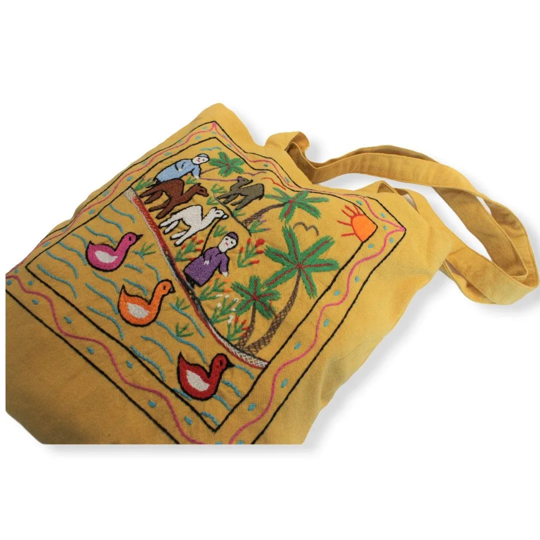 Hand Embroidered Canvas Tote Bag - Yellow