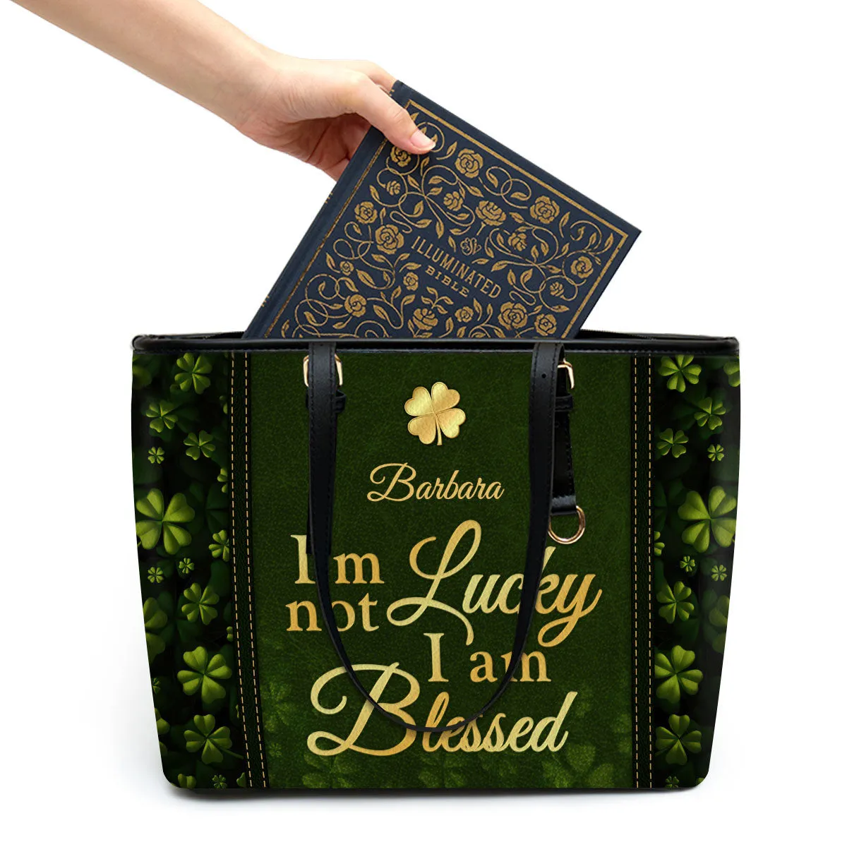 I‘m Not Lucky I Am Blessed Personalized Large Leather Tote Bag - Christian Inspirational Gifts For Women