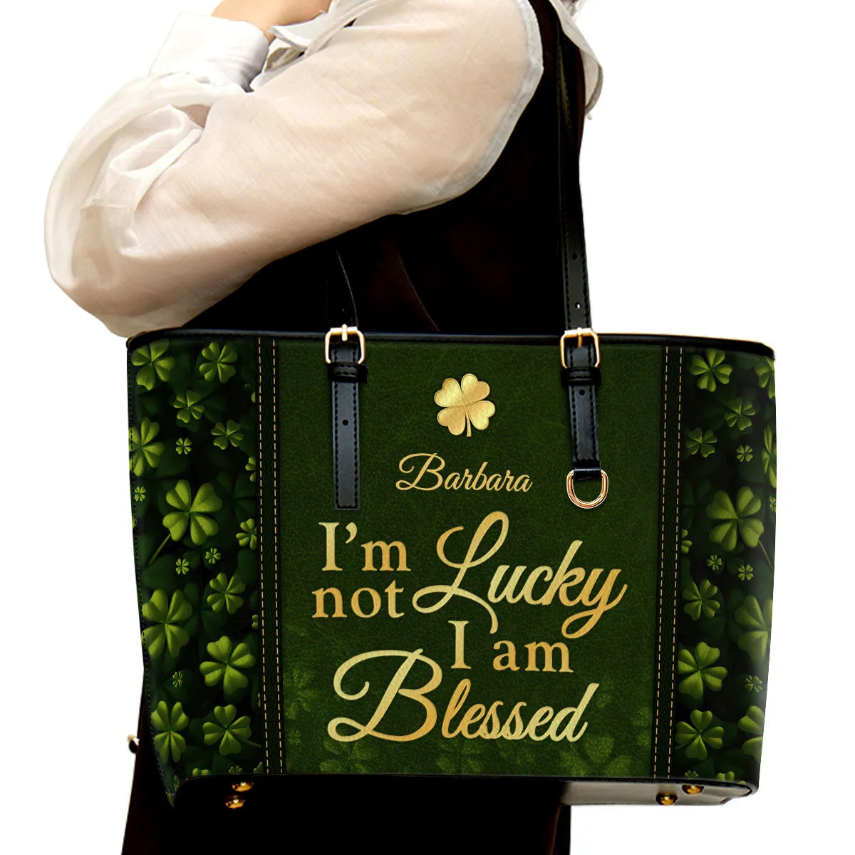 I‘m Not Lucky I Am Blessed Personalized Large Leather Tote Bag - Christian Inspirational Gifts For Women