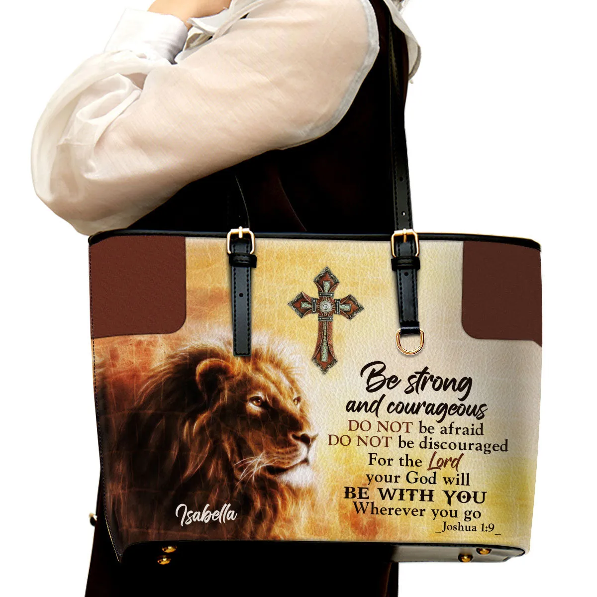 Lion Be Strong And Courageous Personalized Large Leather Tote Bag - Christian Inspirational Gifts For Women