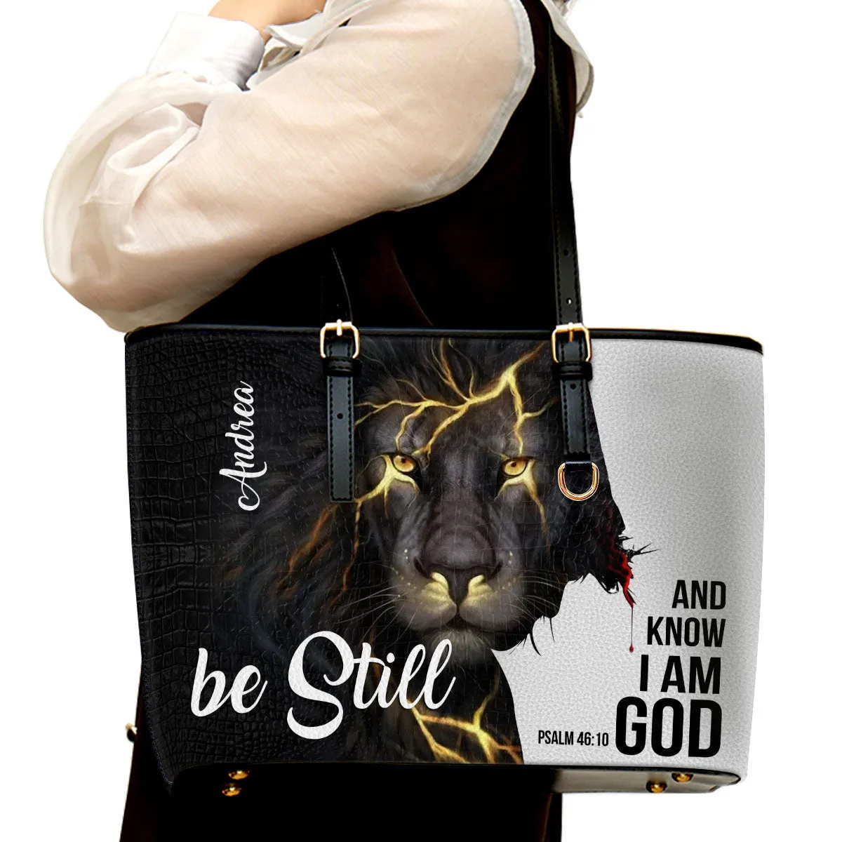 Lion Jesus Be Still And Know That I Am God Personalized Large Pu Leather Tote Bag For Women - Mom Gifts For Mothers Day