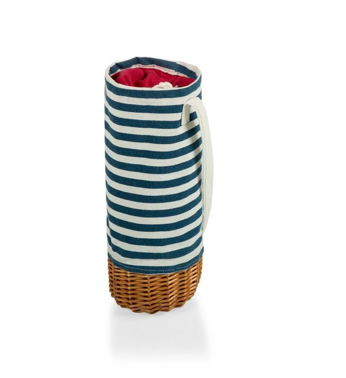 Malbec Insulated Canvas and Willow Wine Bottle Basket, (Navy Blue & White Stripe)