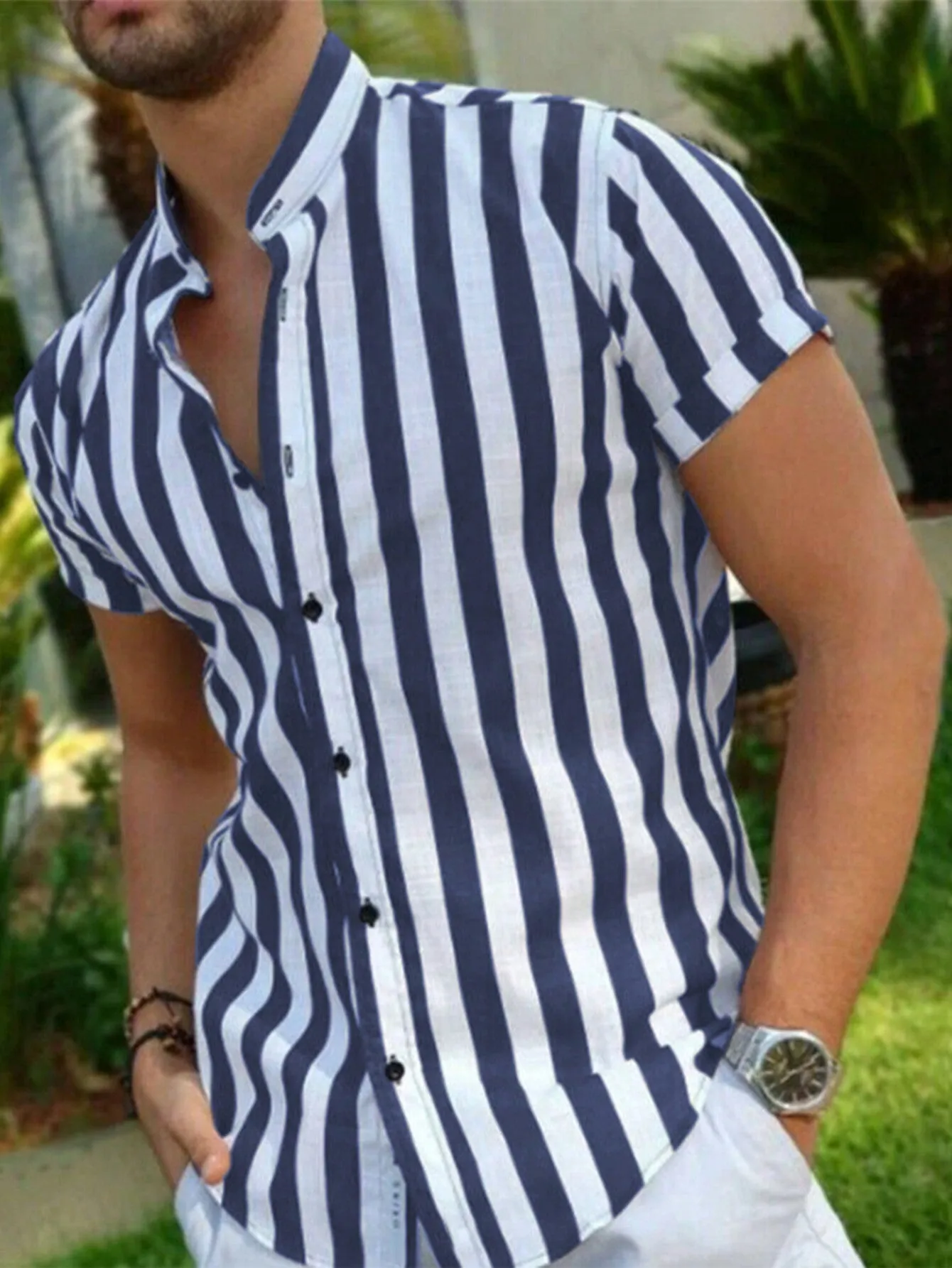 Men Vertical Striped Button Up Shirt