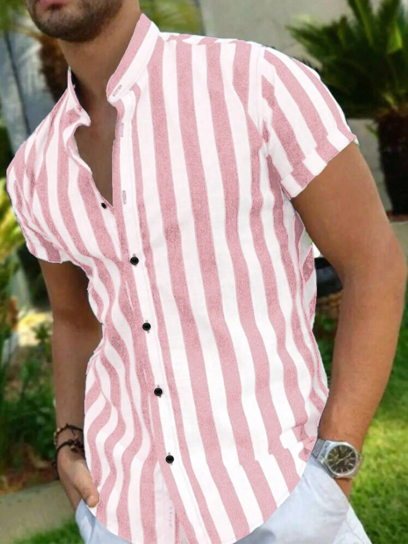 Men Vertical Striped Button Up Shirt