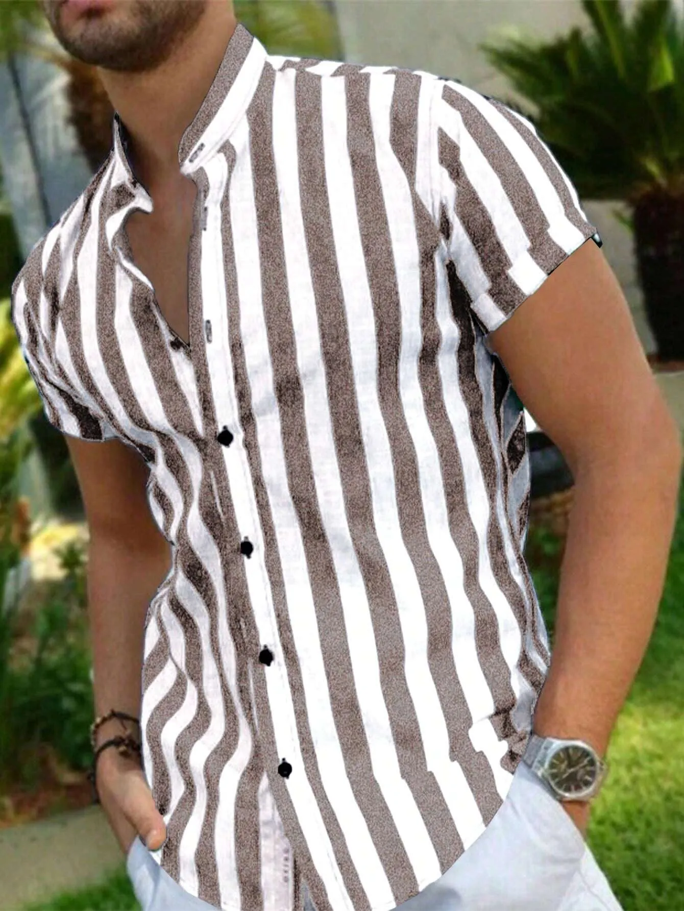 Men Vertical Striped Button Up Shirt