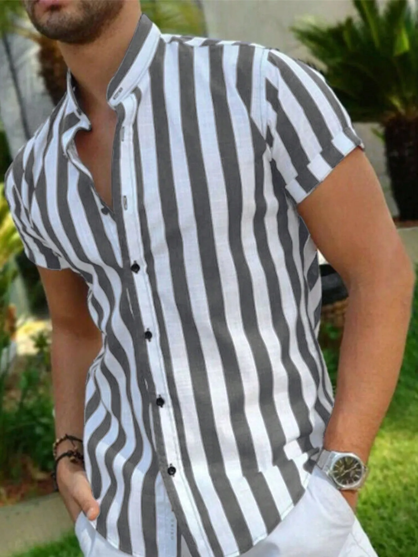 Men Vertical Striped Button Up Shirt