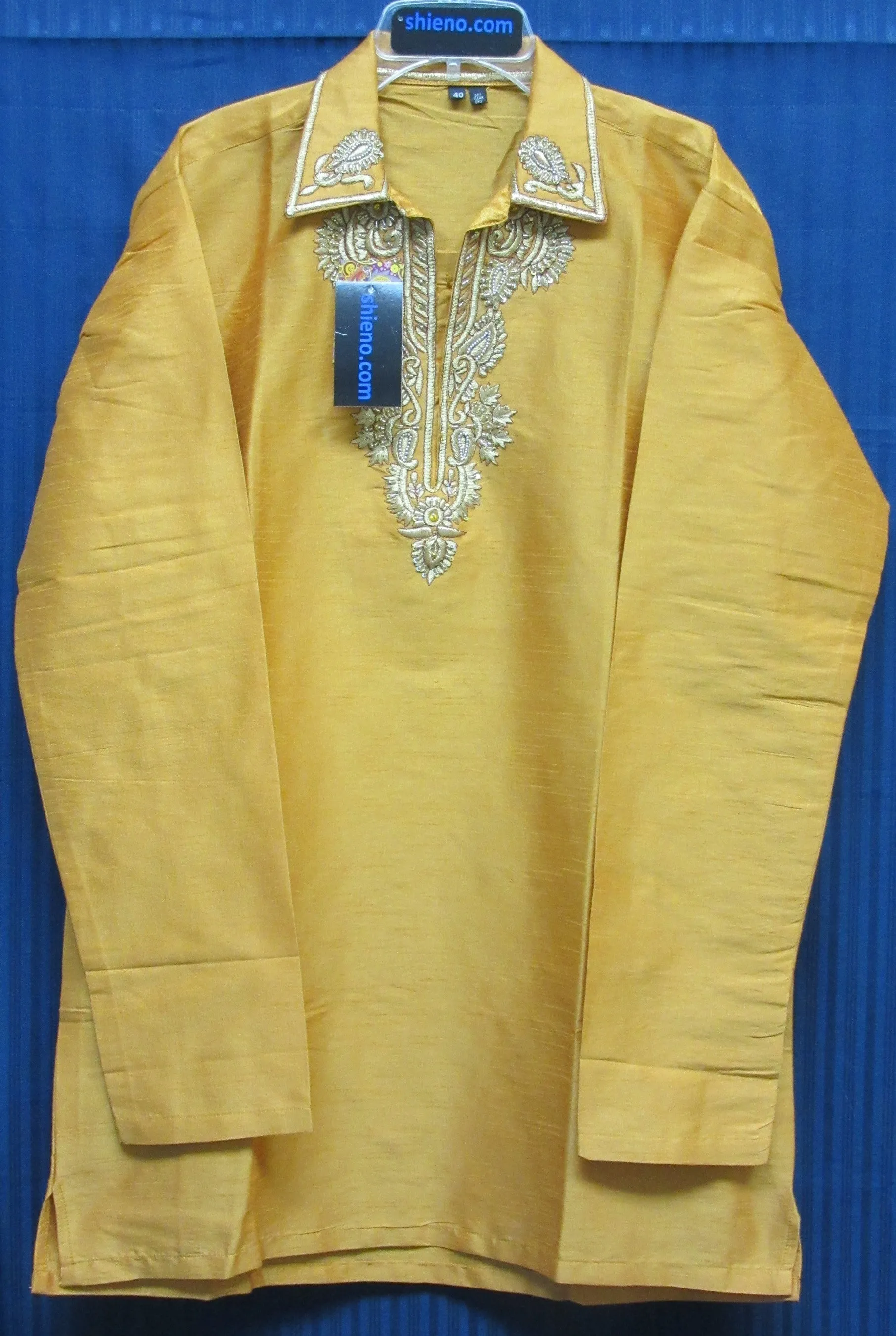 Men's 8035 Mustard Tussar Designer Guru Kurta Gold detail Shieno Sarees