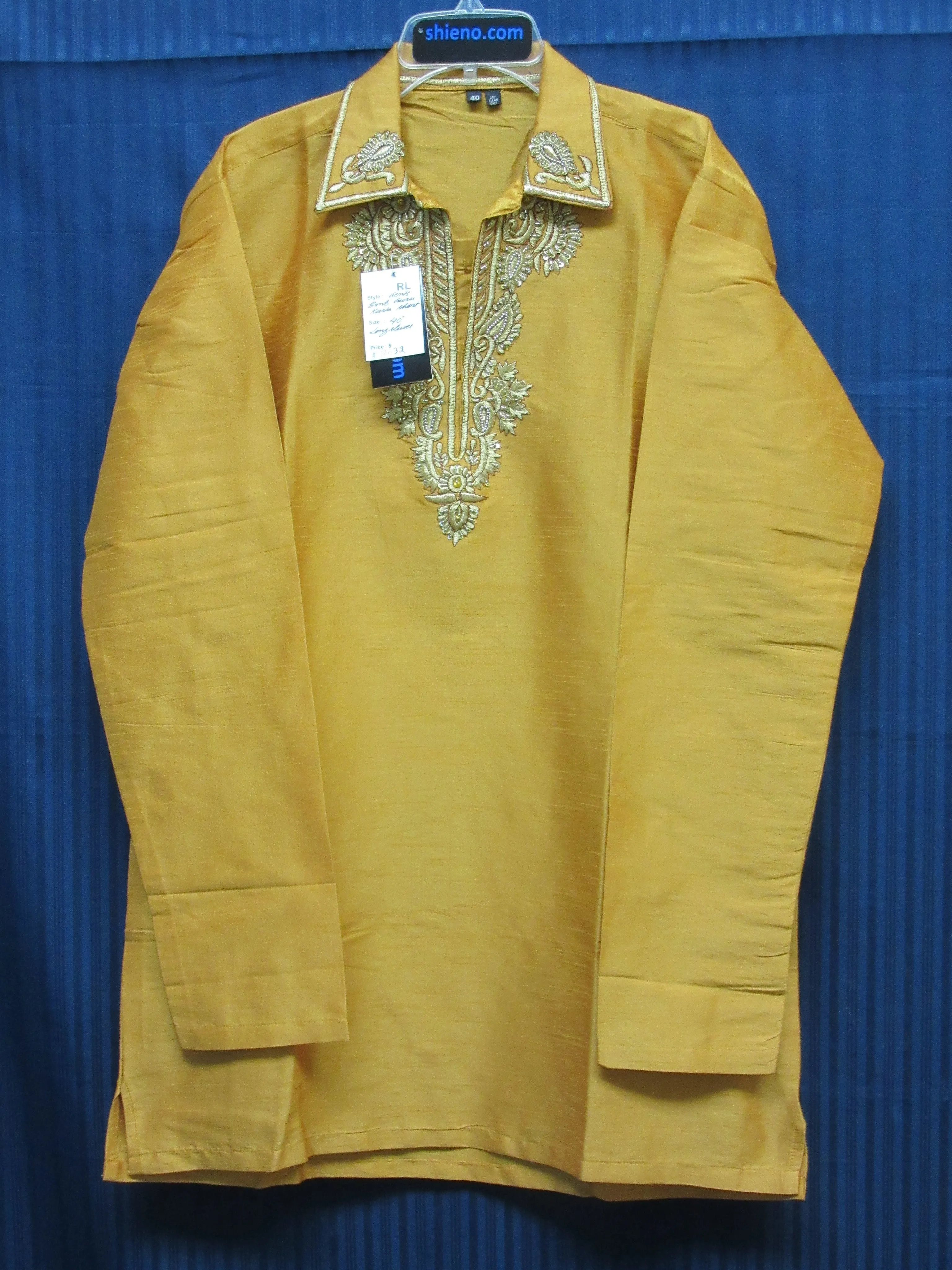 Men's 8035 Mustard Tussar Designer Guru Kurta Gold detail Shieno Sarees