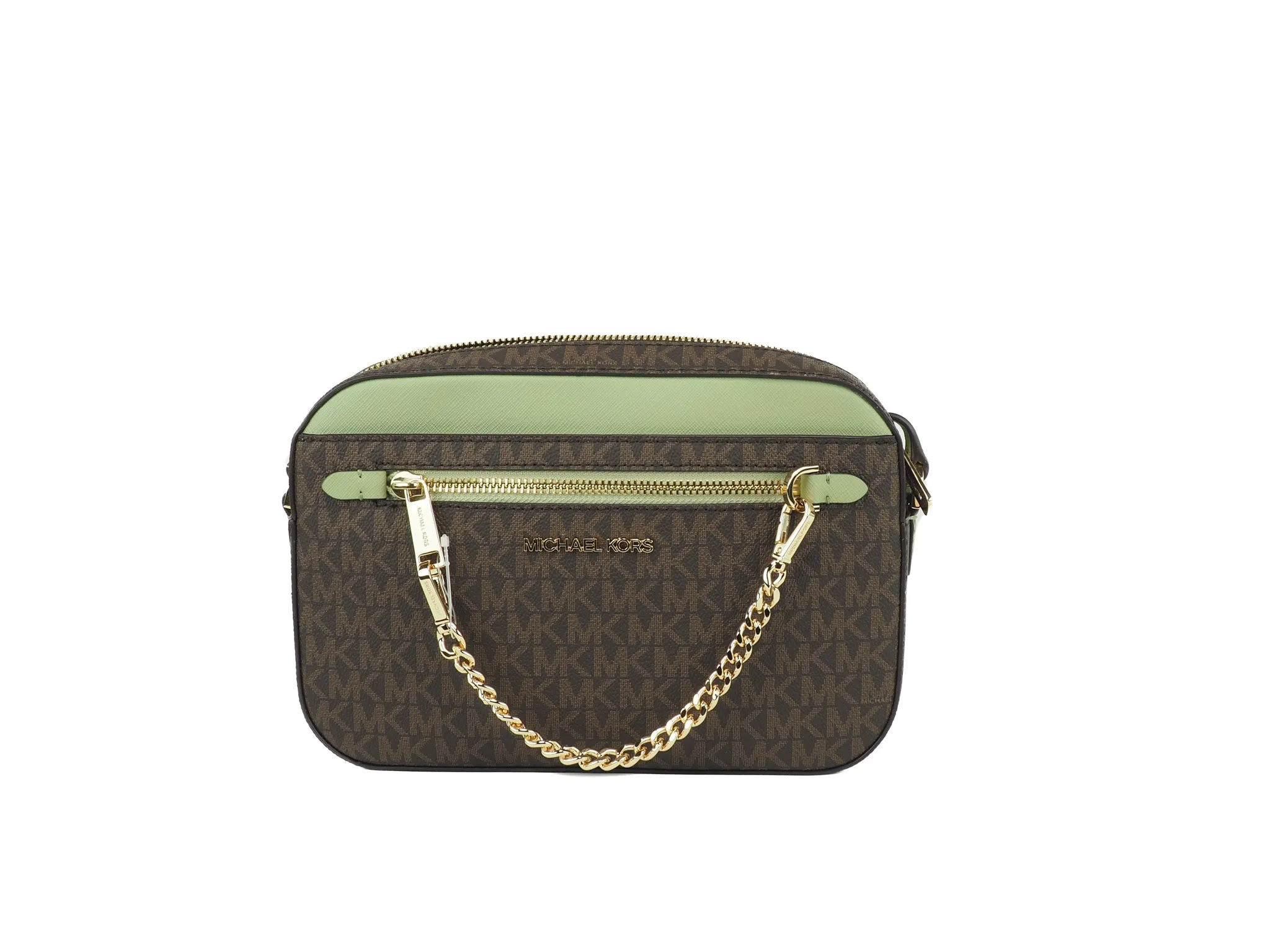 Michael Kors Jet Set Large East West Zip Chain Crossbody Handbag&nbsp; (Brown Signature/Light Sage)