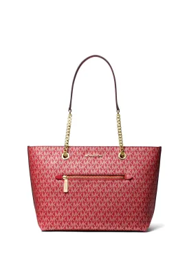 Michael Kors Women's Chili & Pale Gold Jet Set Metallic Logo Chain Tote Bag