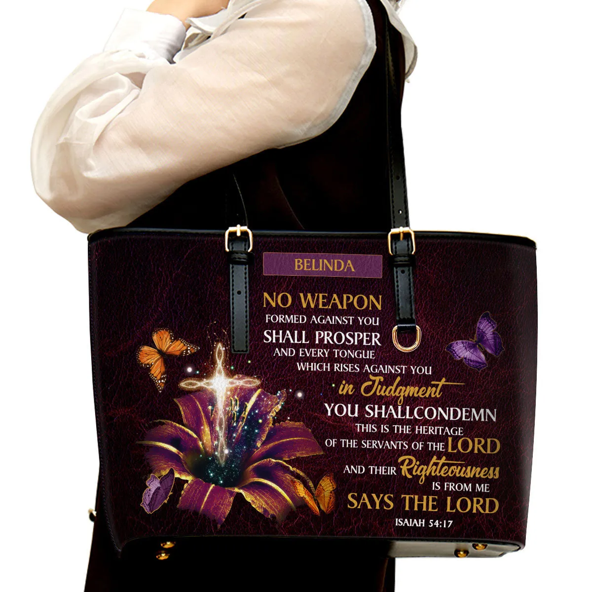 No Weapon Formed Against You Shall Prosper Personalized Large Leather Tote Bag - Christian Inspirational Gifts For Women