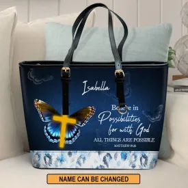 Personalized Large Leather Tote Bag Matthew 1926 With God All Things Are Possible - Spiritual Gifts For Christian Women