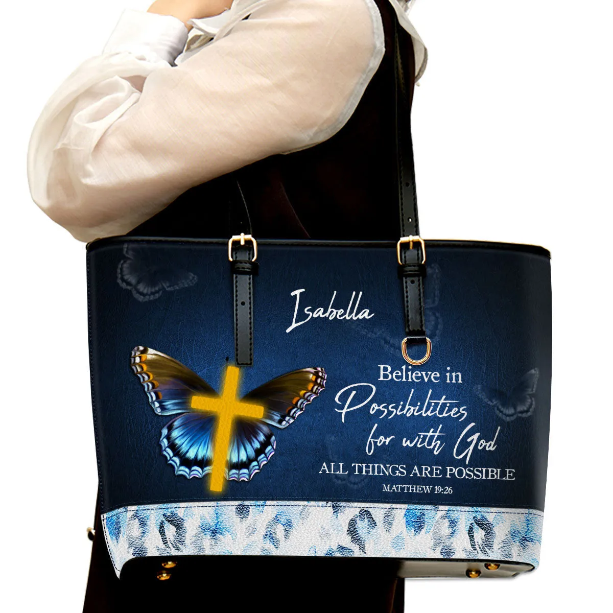 Personalized Large Leather Tote Bag Matthew 1926 With God All Things Are Possible - Spiritual Gifts For Christian Women