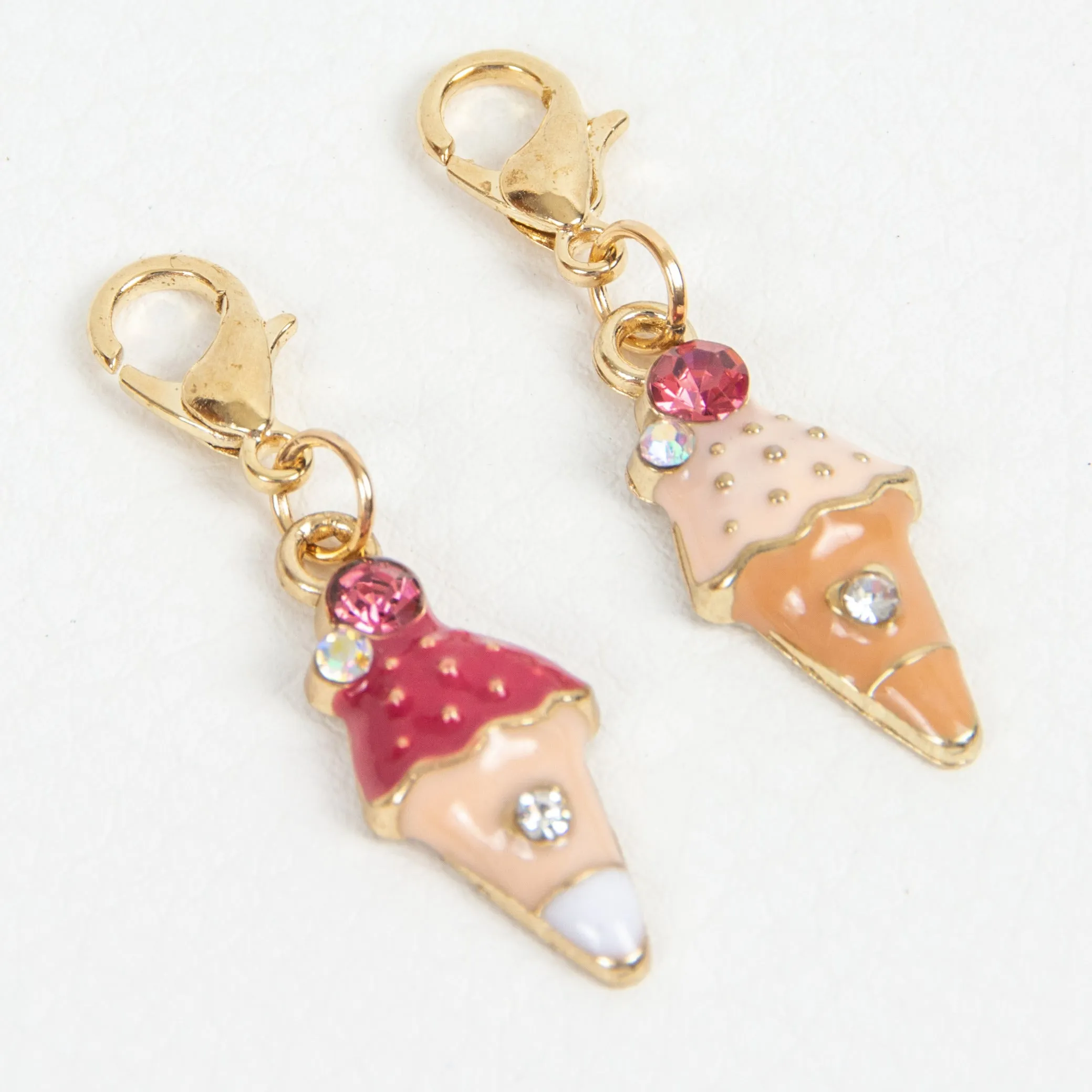 Pink Enamel Ice Cream Cone Charm with Rhinestone Accents