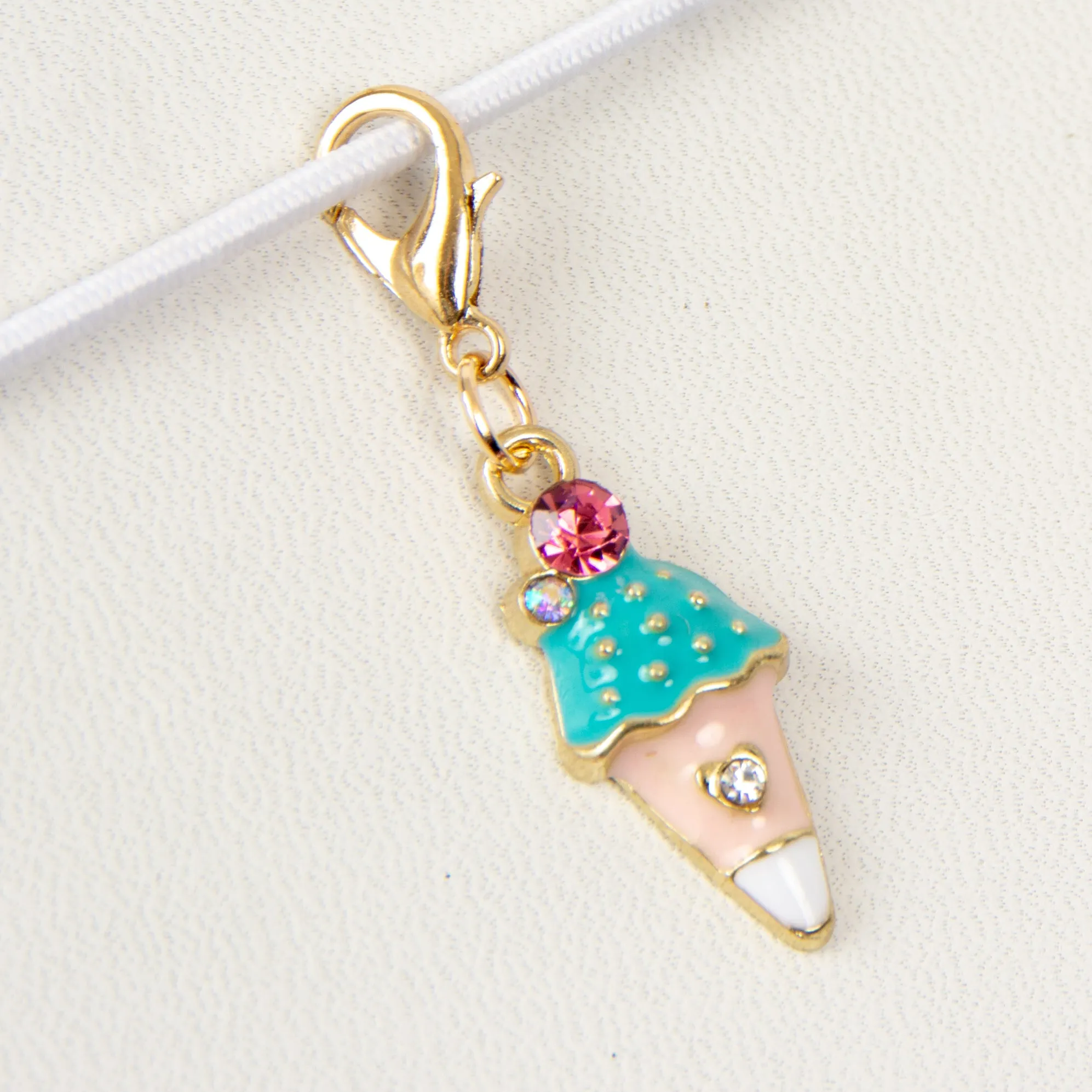 Pink Enamel Ice Cream Cone Charm with Rhinestone Accents