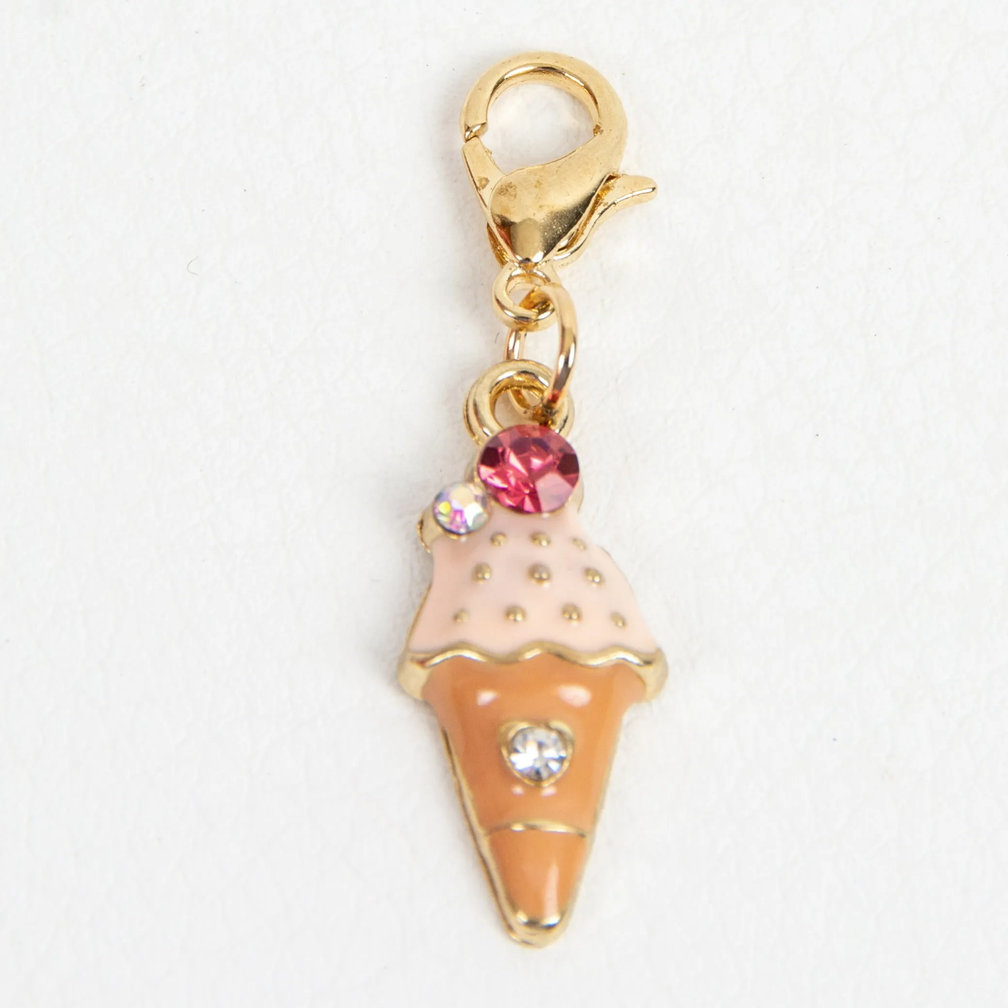 Pink Enamel Ice Cream Cone Charm with Rhinestone Accents