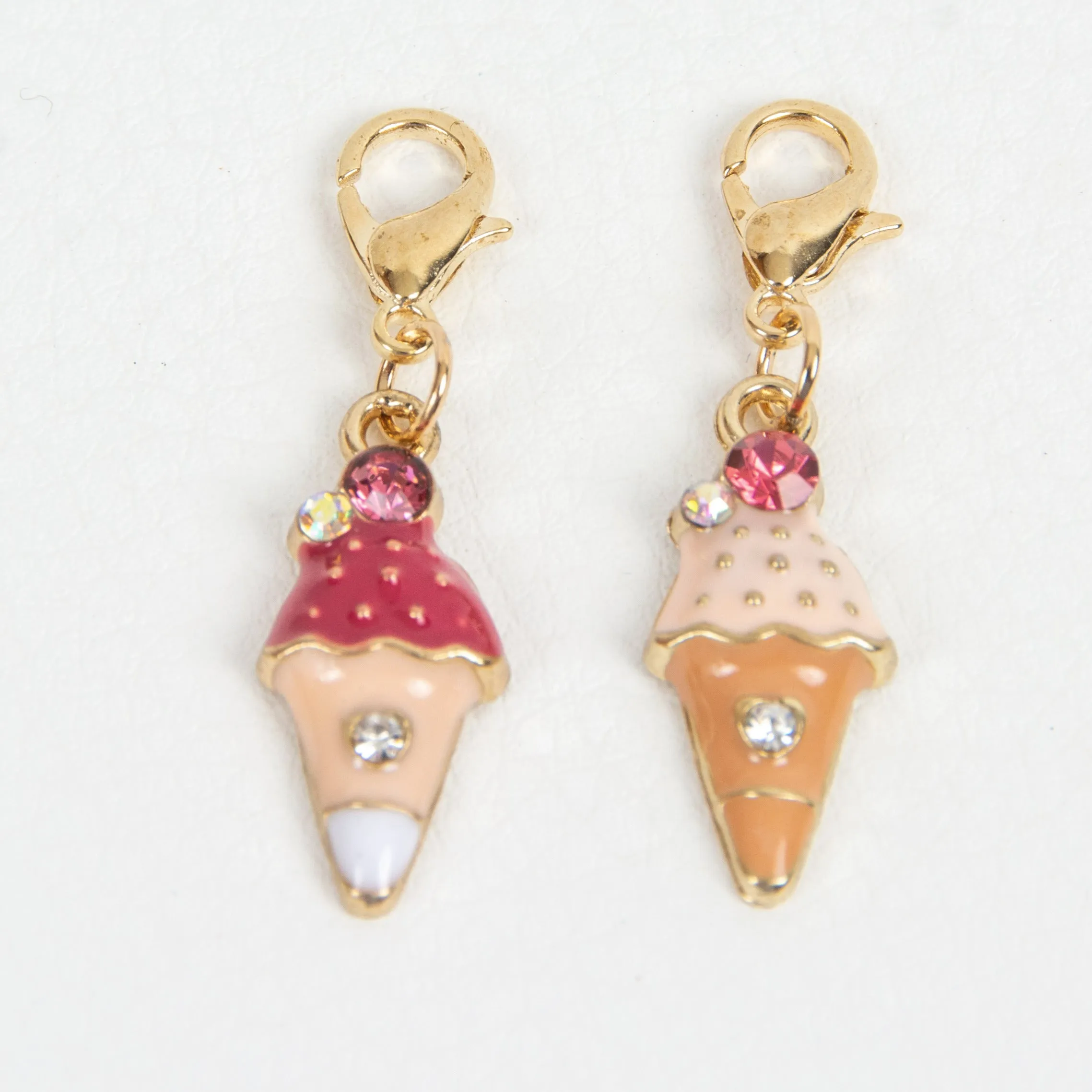 Pink Enamel Ice Cream Cone Charm with Rhinestone Accents