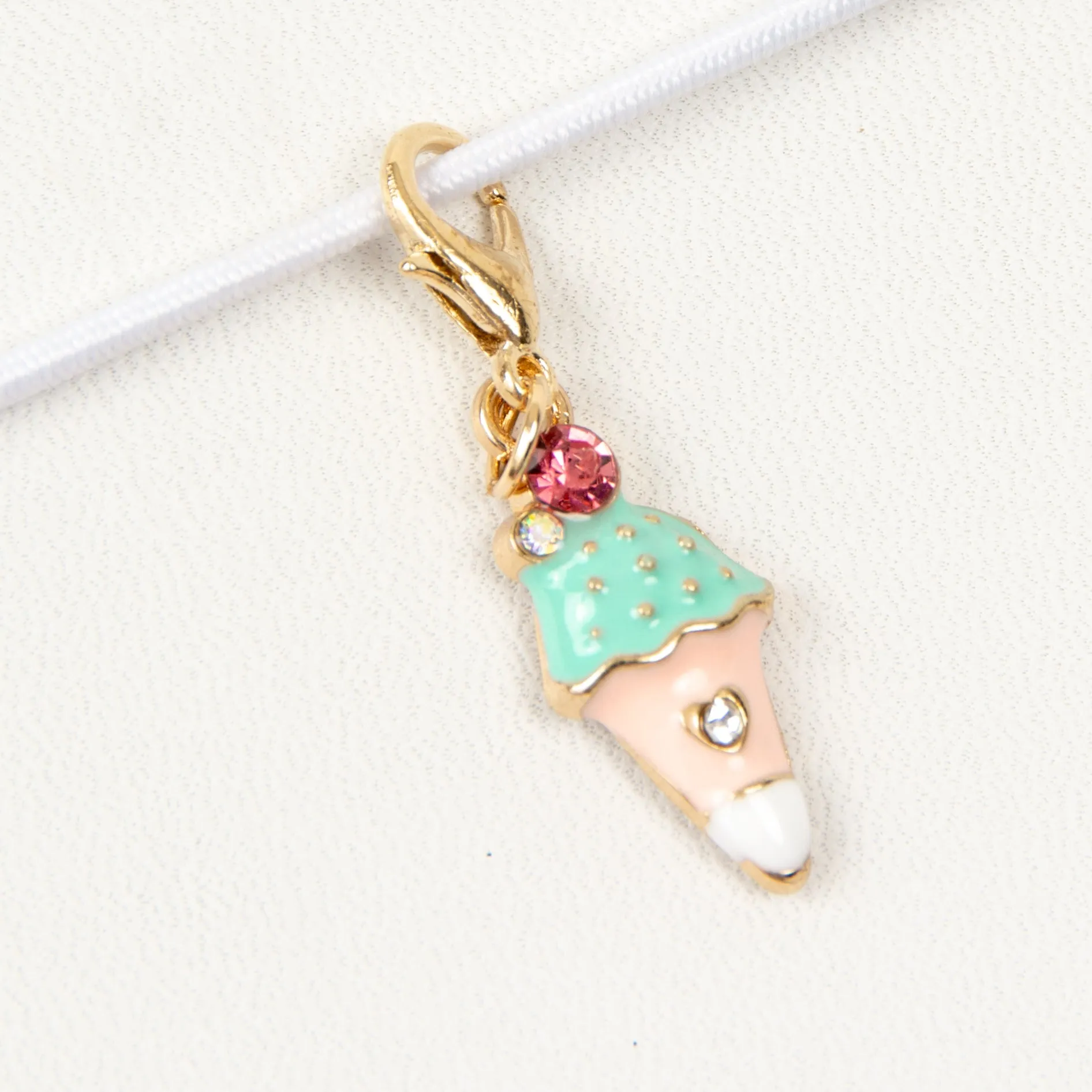 Pink Enamel Ice Cream Cone Charm with Rhinestone Accents