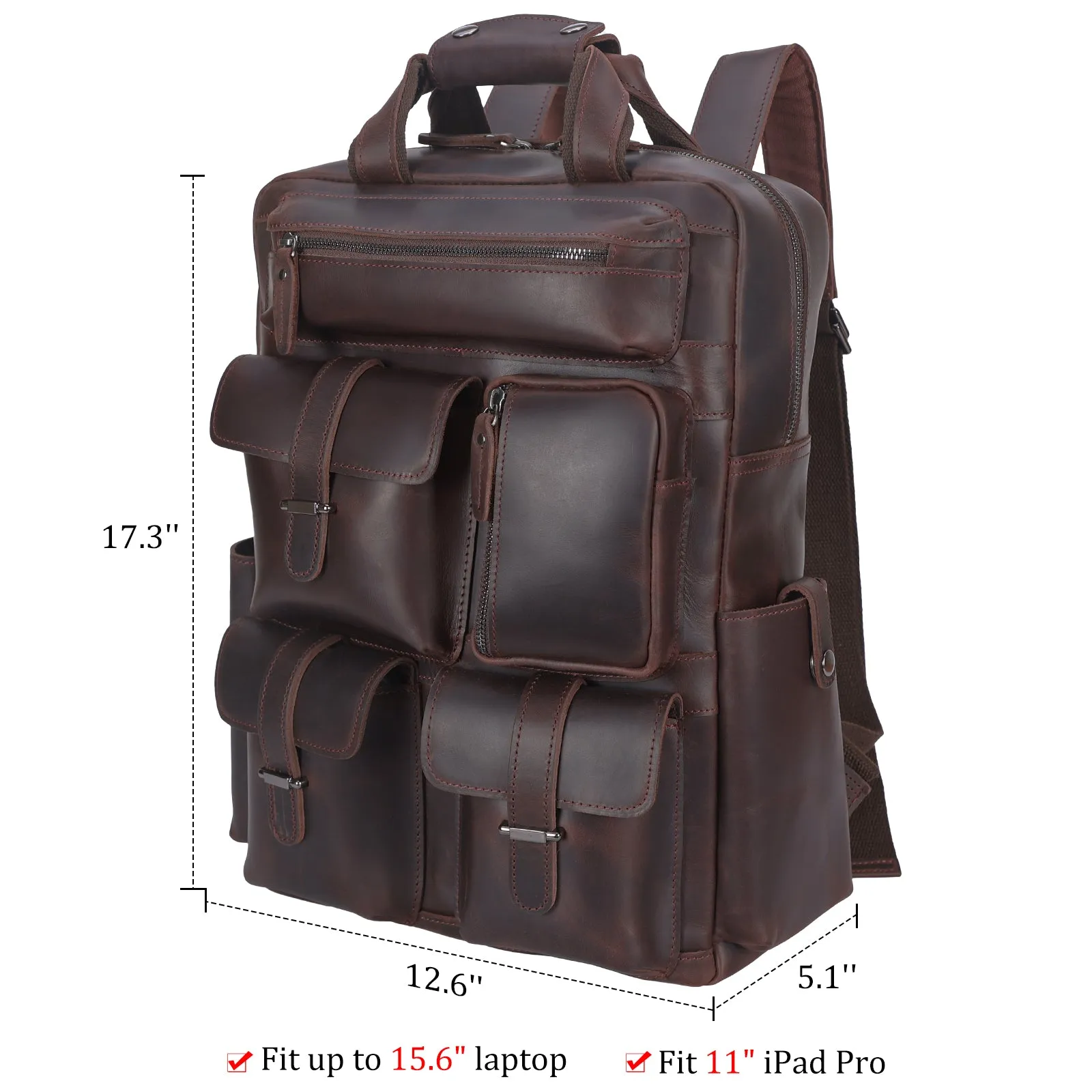 Polare Cowhide Leather Multiple Laptop Backpack Day pack Travel Bag Satchel with YKK Metal Zippers