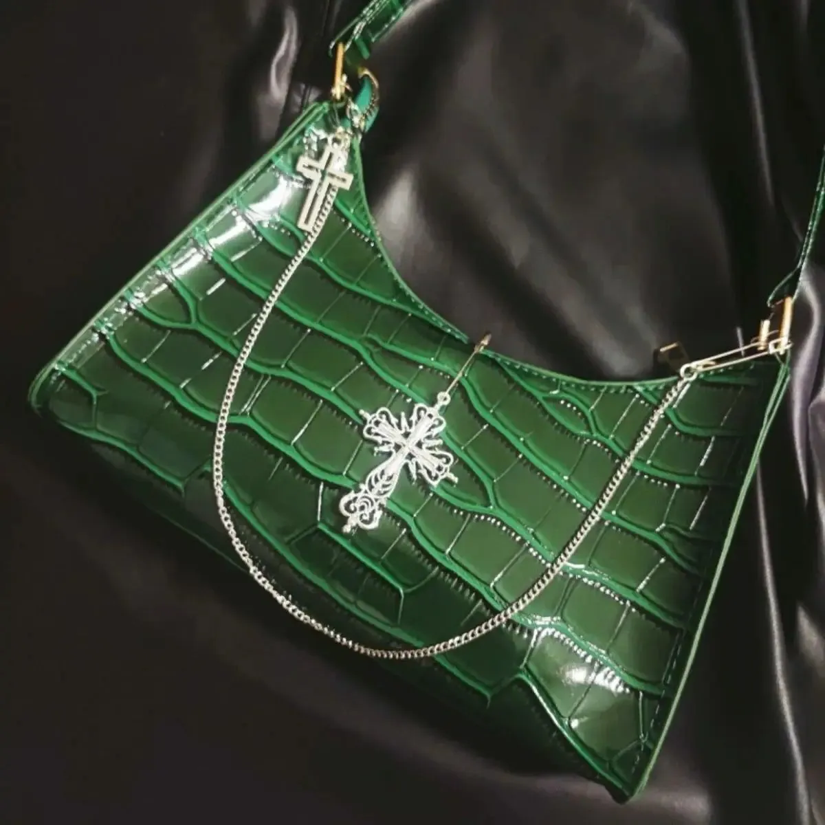 Punk Crocodile Gothic Underarm Y2k Chains Pattern Green Cross Street High Bag